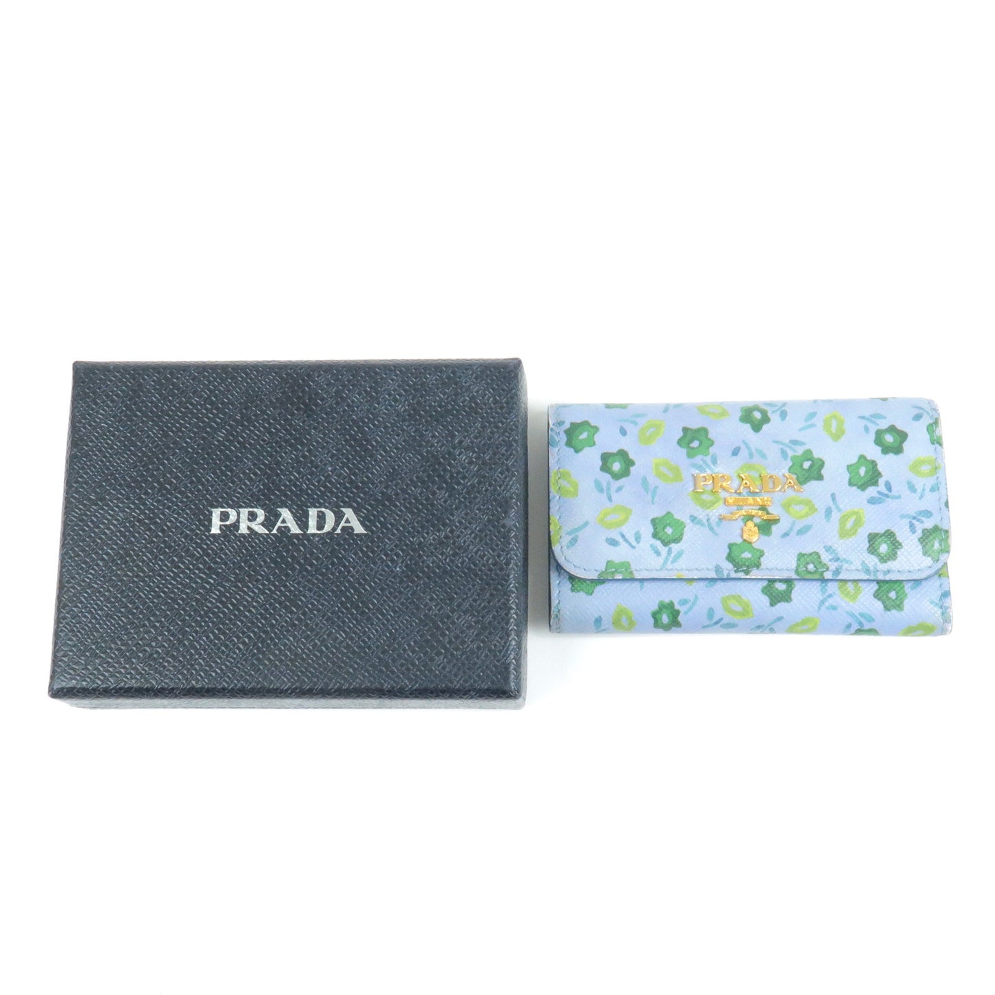 PRADA Leather Floral Pattern 6 Key Case Key Holder Light Blue