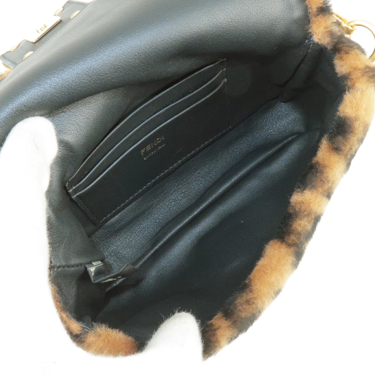 FENDI Wool Leather Baguette Mini 2Way Chain Shoulder Bag 8BS017