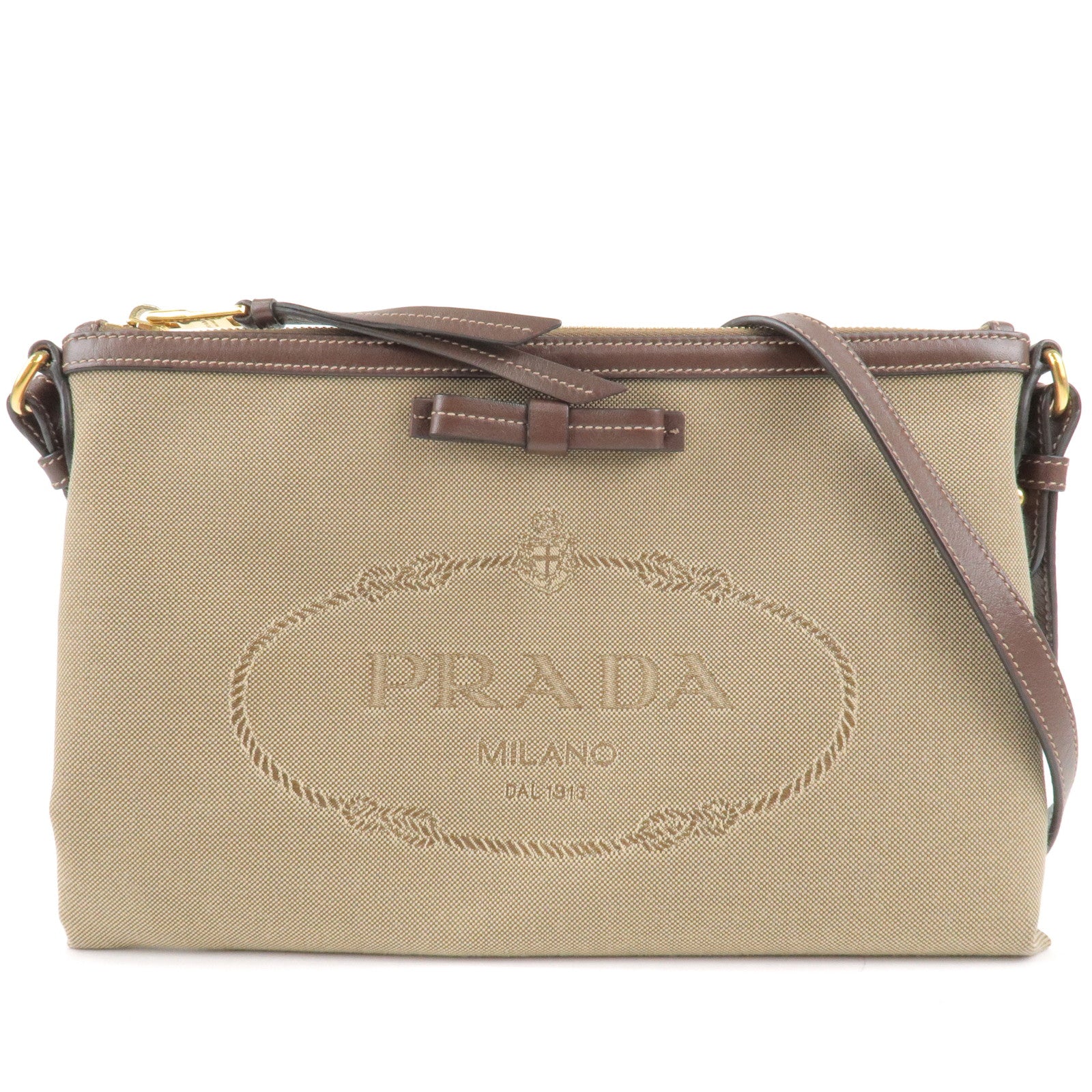 PRADA-Logo-Jacquard-Leather-Shoulder-Bag-Beige-Brown