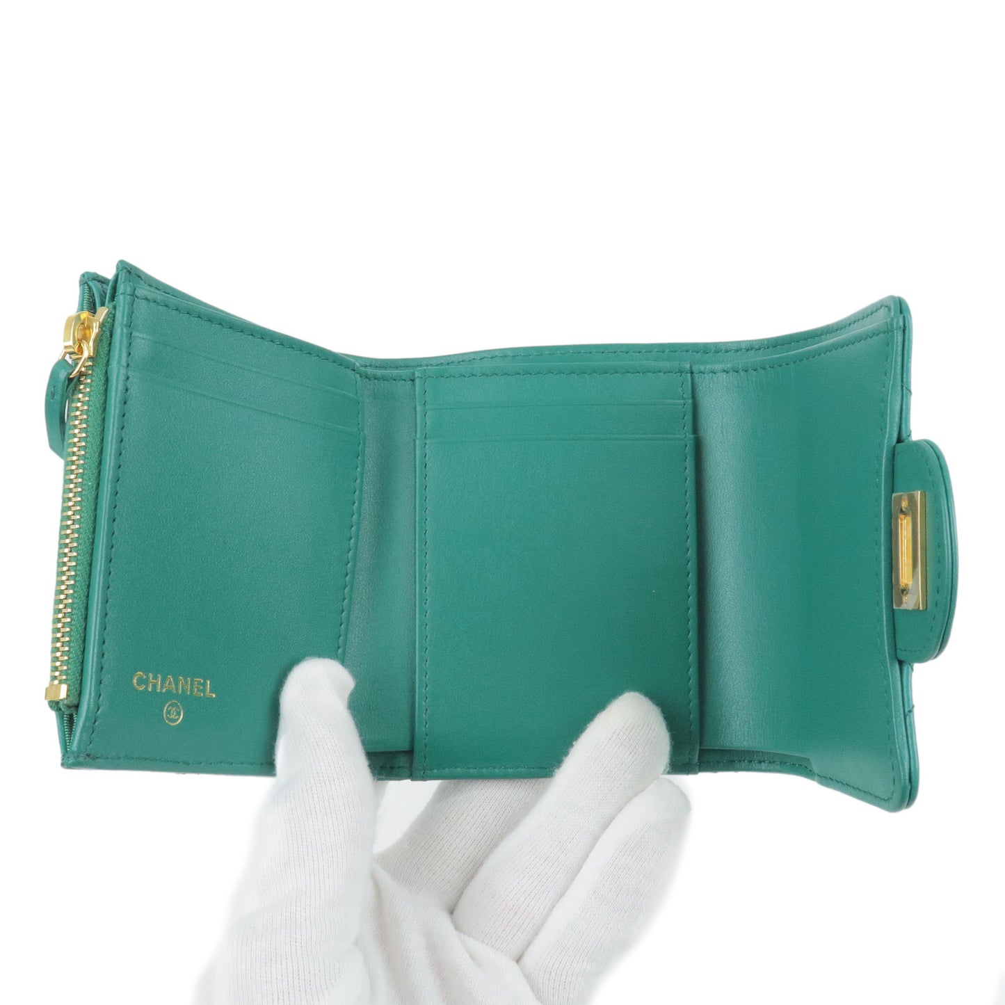 CHANEL 2.55 Leather Trifold Wallet Green Gold Hardware A70325
