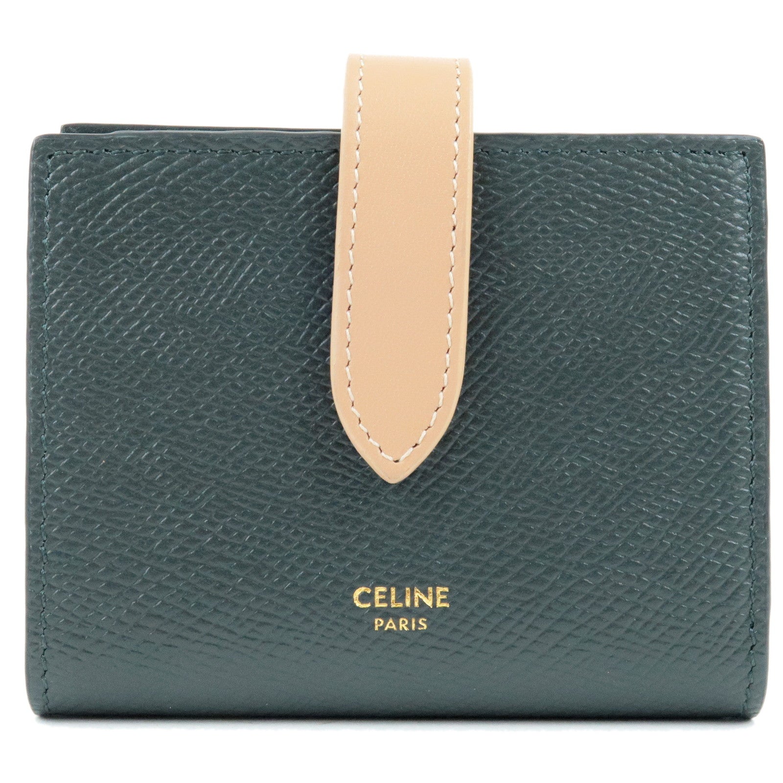 CELINE-Leather-Small-Strap-Wallet-Dark-Green-Pink-10H263