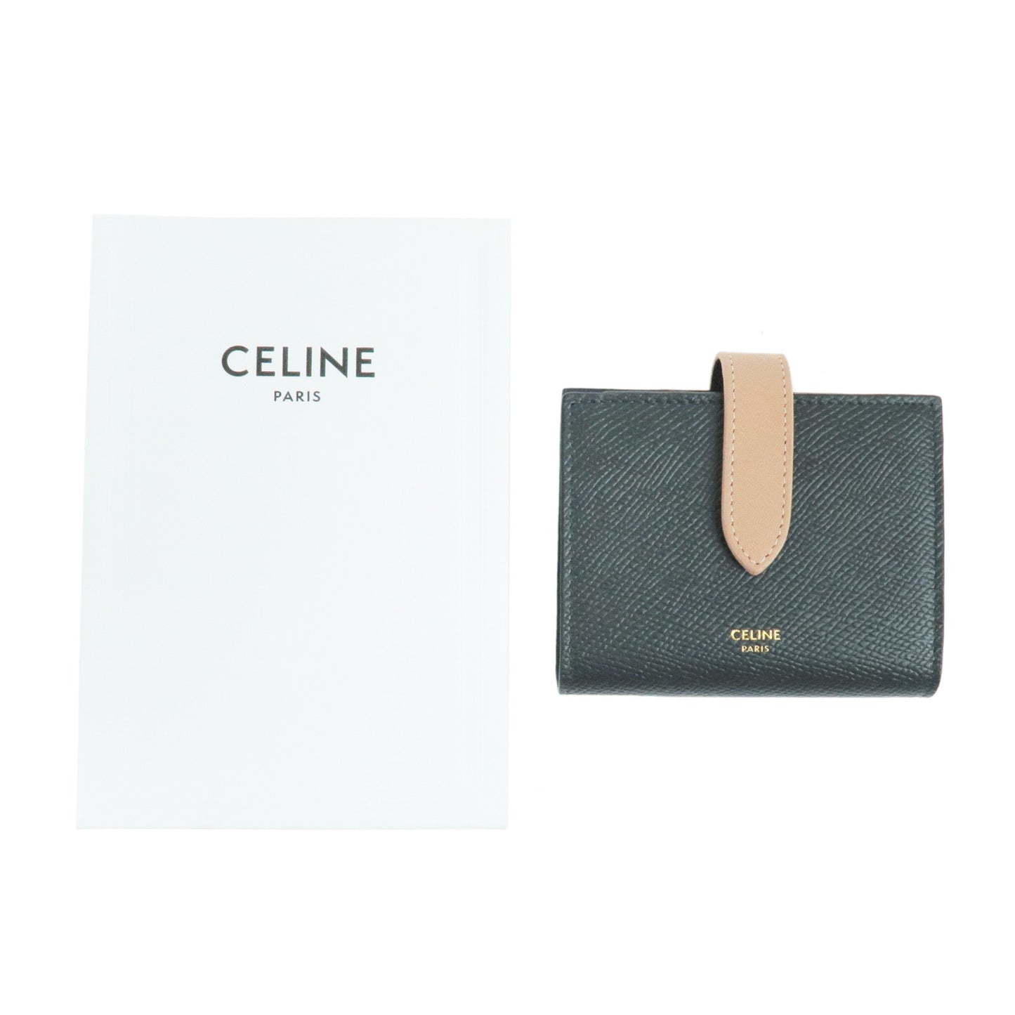 CELINE Leather Small Strap Wallet Dark Green Pink 10H263