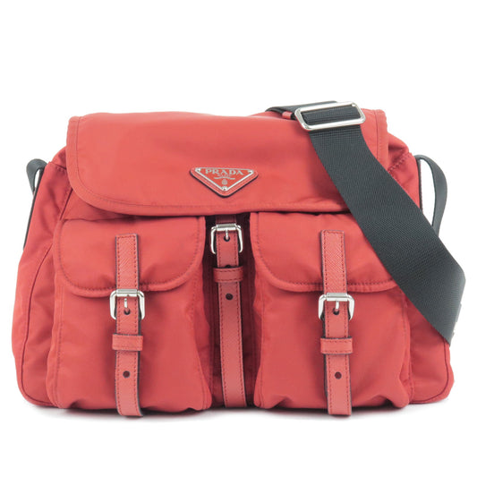 PRADA-Logo-Nylon-Leather-Shoulder-Bag-FUOCO-Red-1BD225