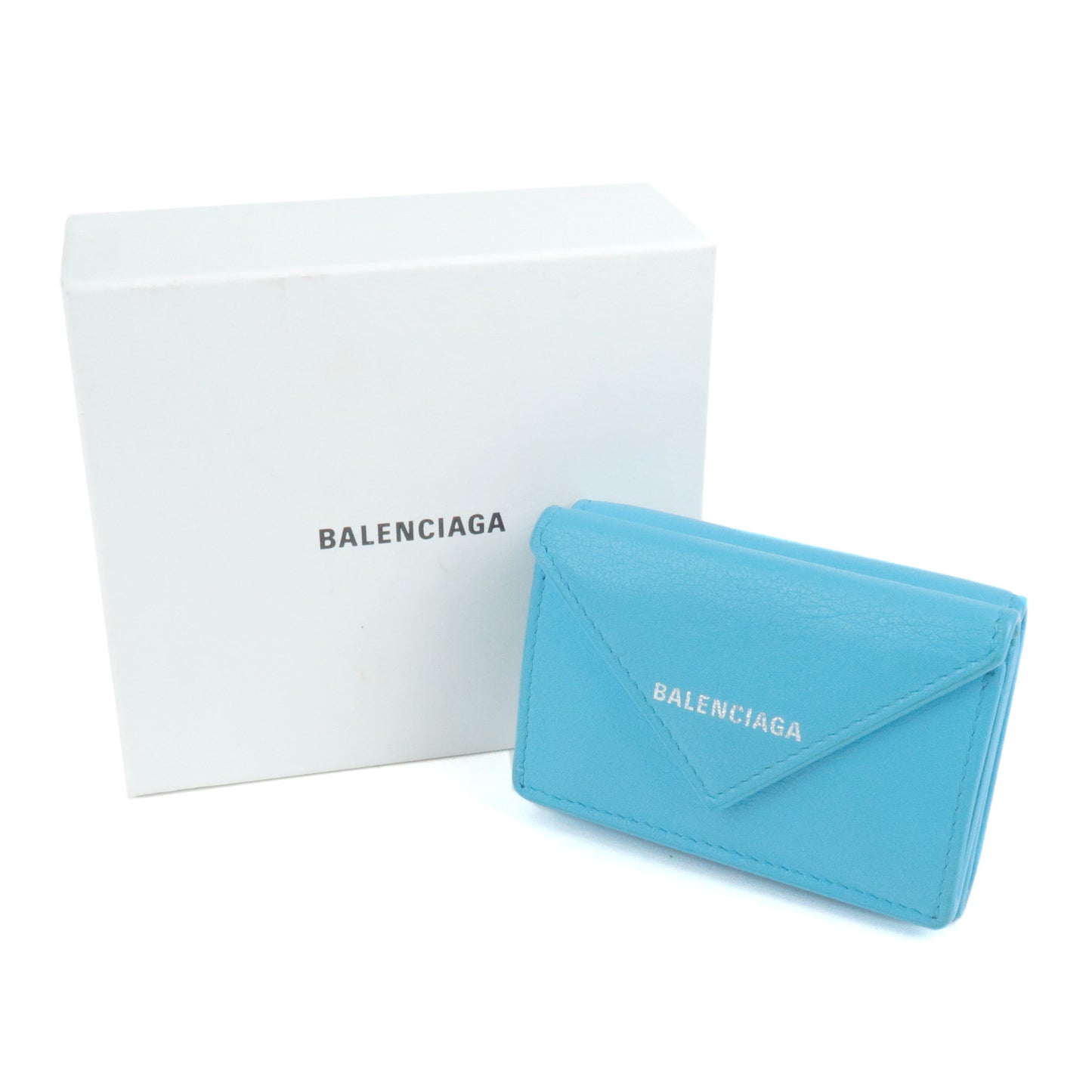 BALENCIAGA Leather Papier Mini Tri-Fold Wallet Blue 391446