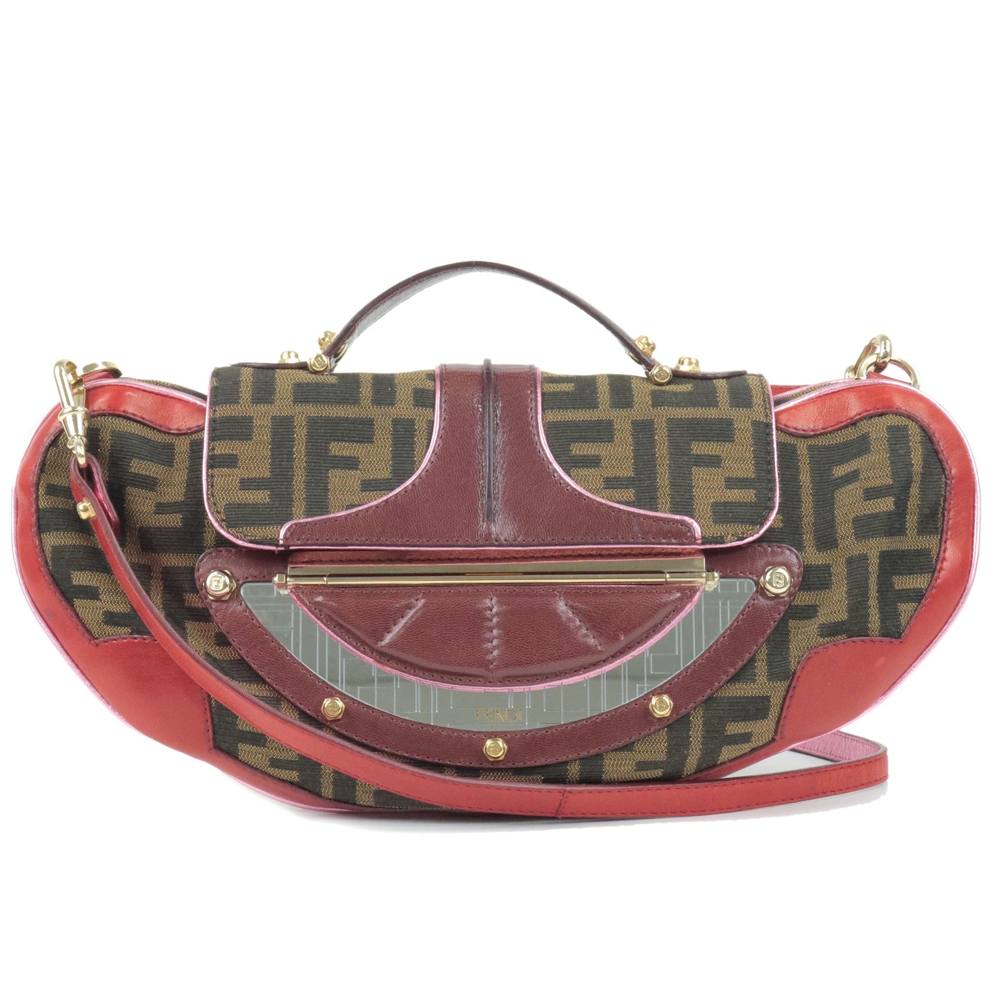 FENDI-Zucca-Canvas-Leather-2Way-Bag-HandBag-Beige-Brown-Red-8BN133