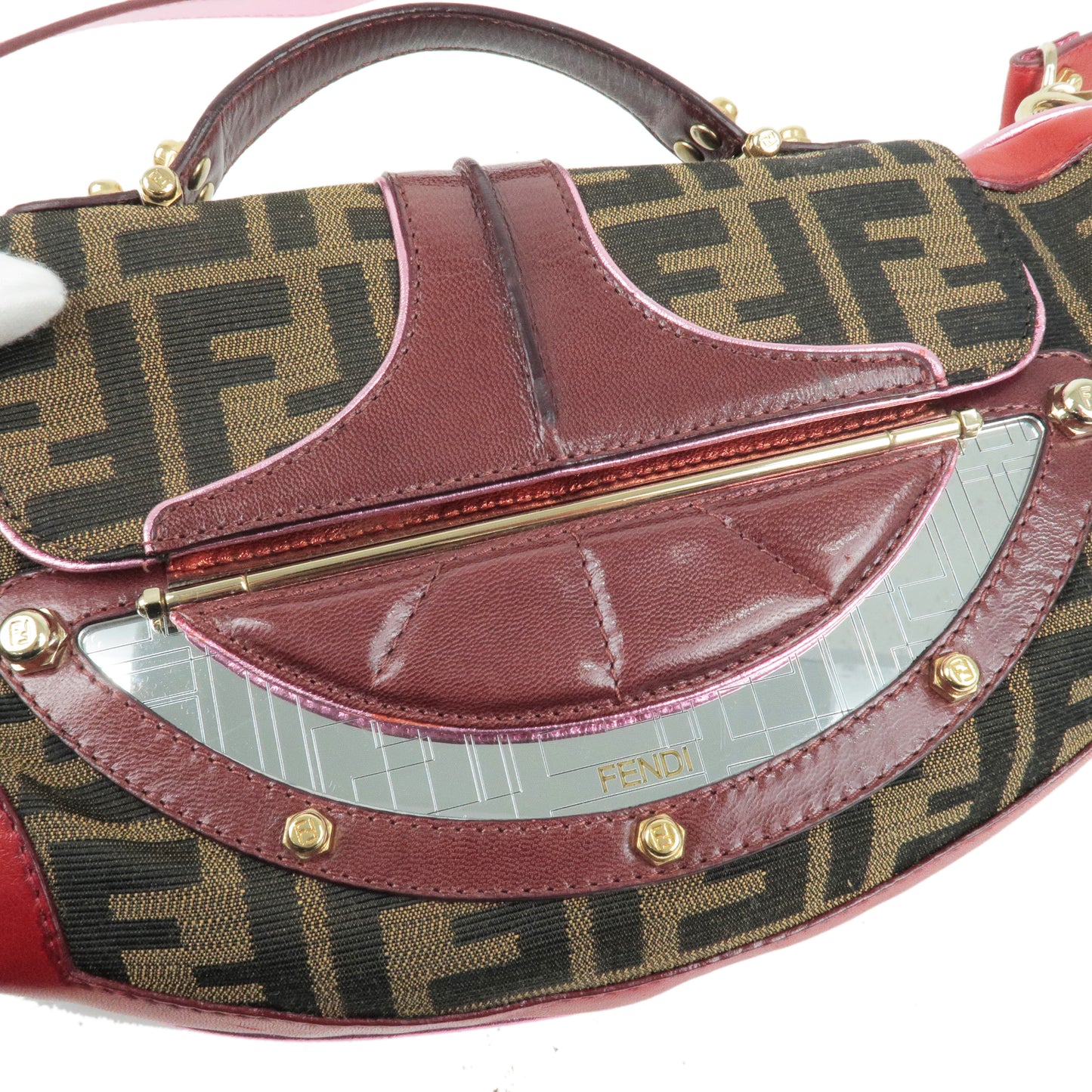 FENDI Zucca Canvas Leather 2Way Bag HandBag Beige Brown Red 8BN133