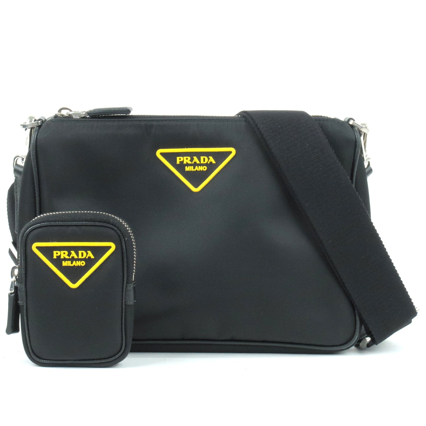 PRADA-Logo-Nylon-Leather-Shoulder-Bag-Black-Yellow-2VH113