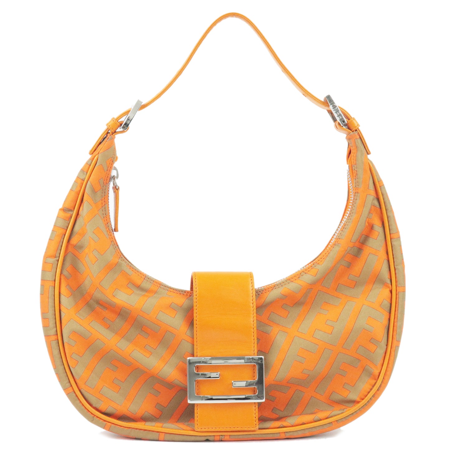 FENDI-Zucca-Nylon-Leather-Shoulder-Bag-Orange-Khaki-09163211001