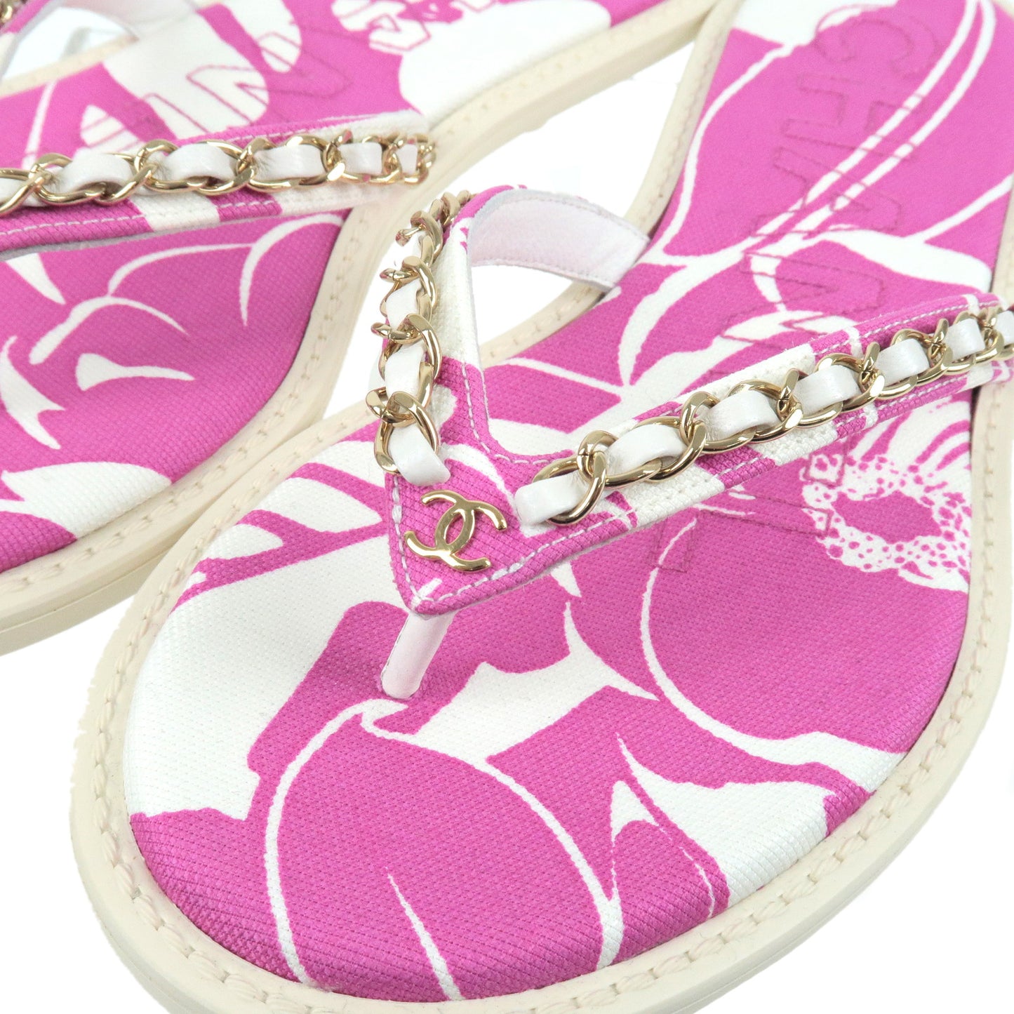 CHANEL Coco Beach Flip Flop Canvas Leather Pink US5.5 EUR36 G35965 Used