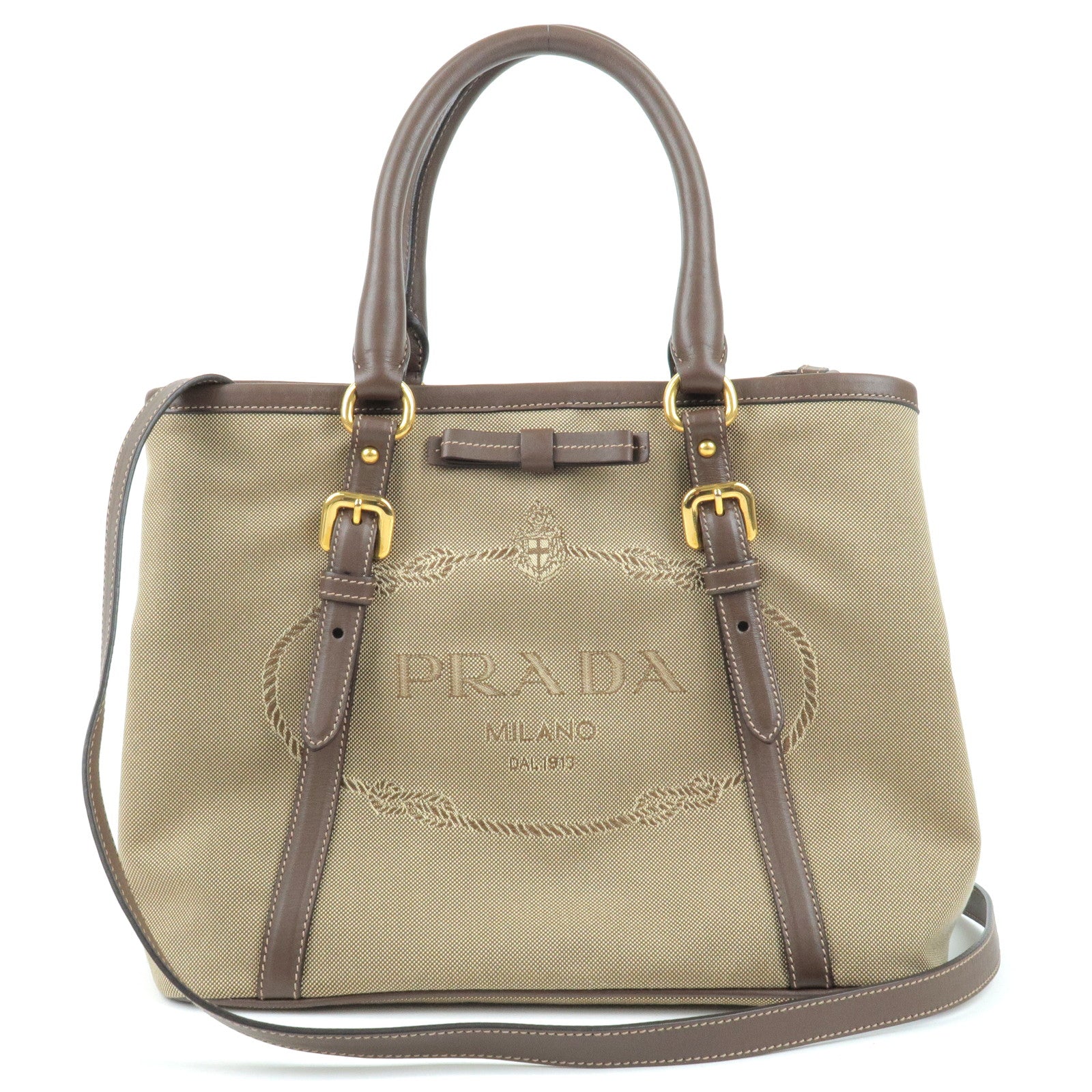 PRADA-Logo-Jacquard-Leather-2Way-Bag-Hand-Bag-Beige-BN1841