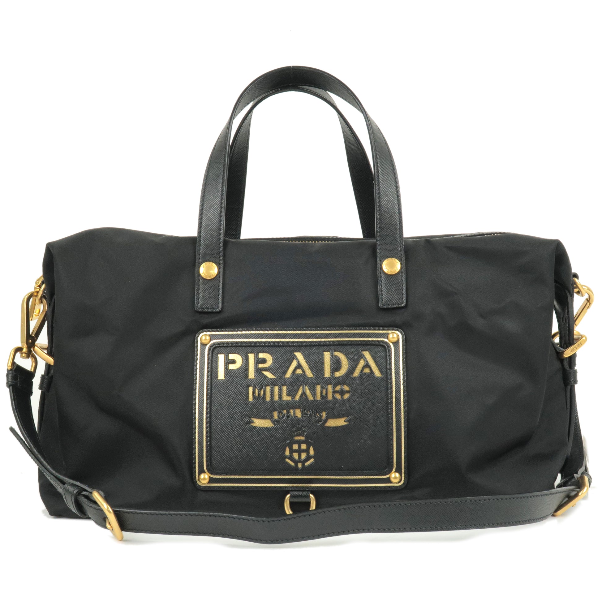 PRADA-Logo-Nylon-Leather-2Way-Bag-Hand-Bag-Black-NERO-BN1407