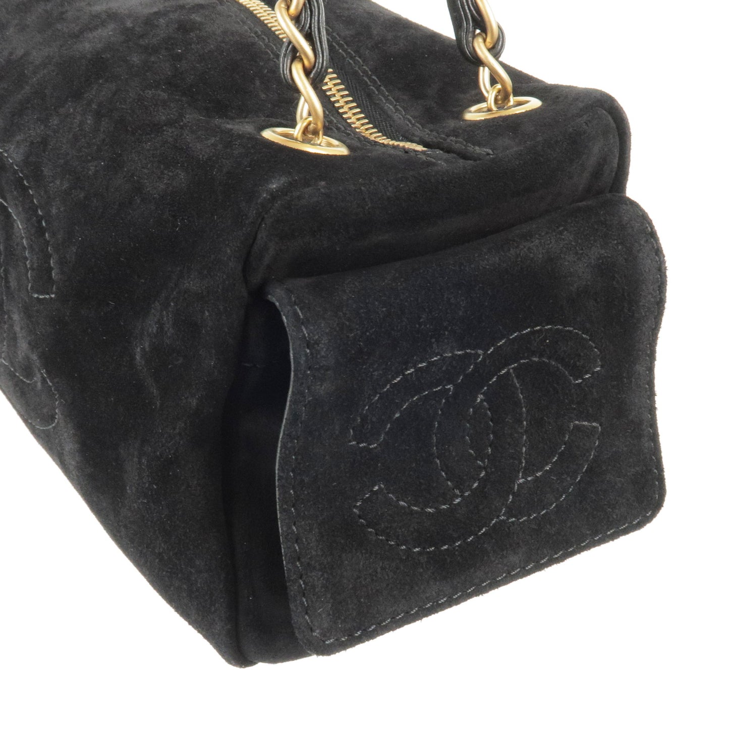 CHANEL Suede Leather Chain Shoulder Bag Boston Bag Black
