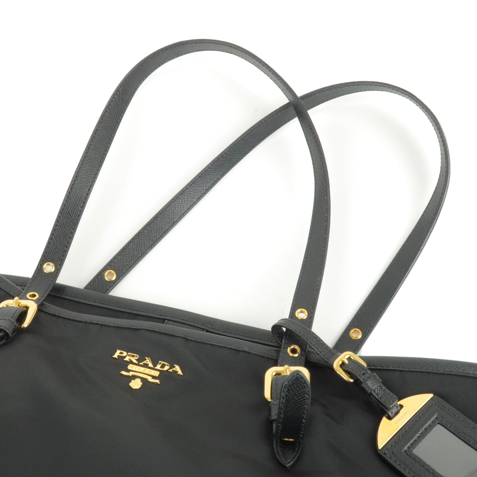 PRADA-Logo-Nylon-Leather-Tote-Bag-Hand-Bag-NERO-Black – dct