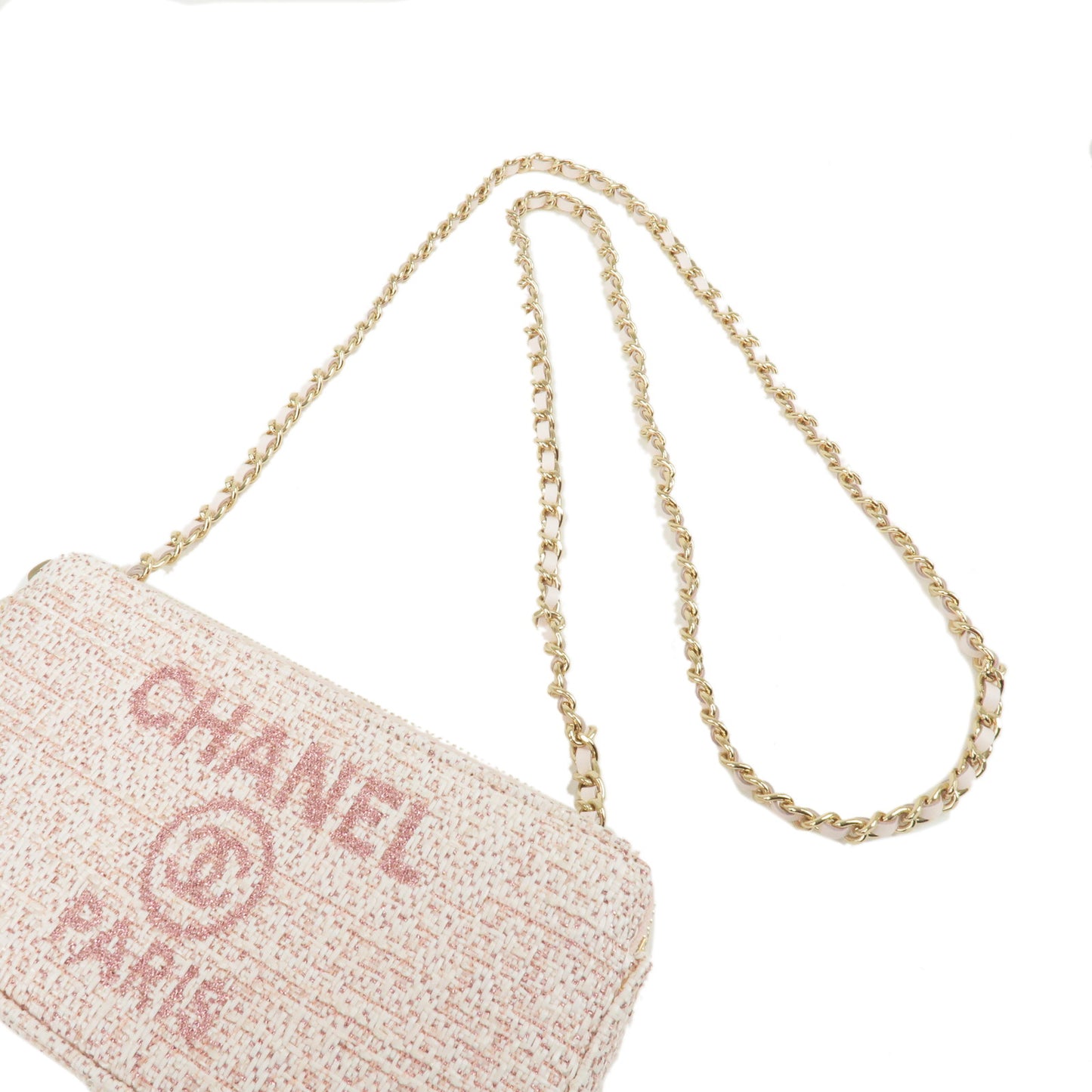 CHANEL Deauville Tweed Leather Chain Wallet WOC Pink A81978