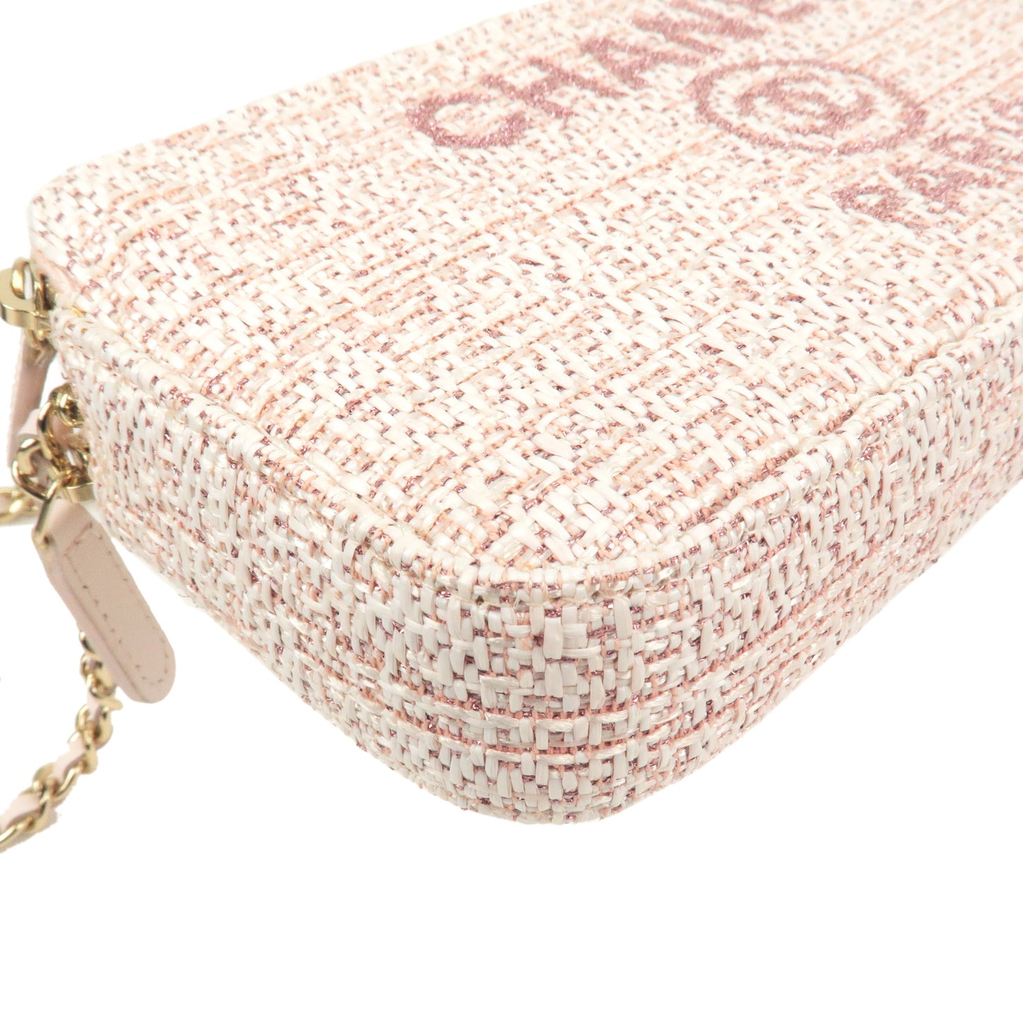 CHANEL Deauville Tweed Leather Chain Wallet WOC Pink A81978