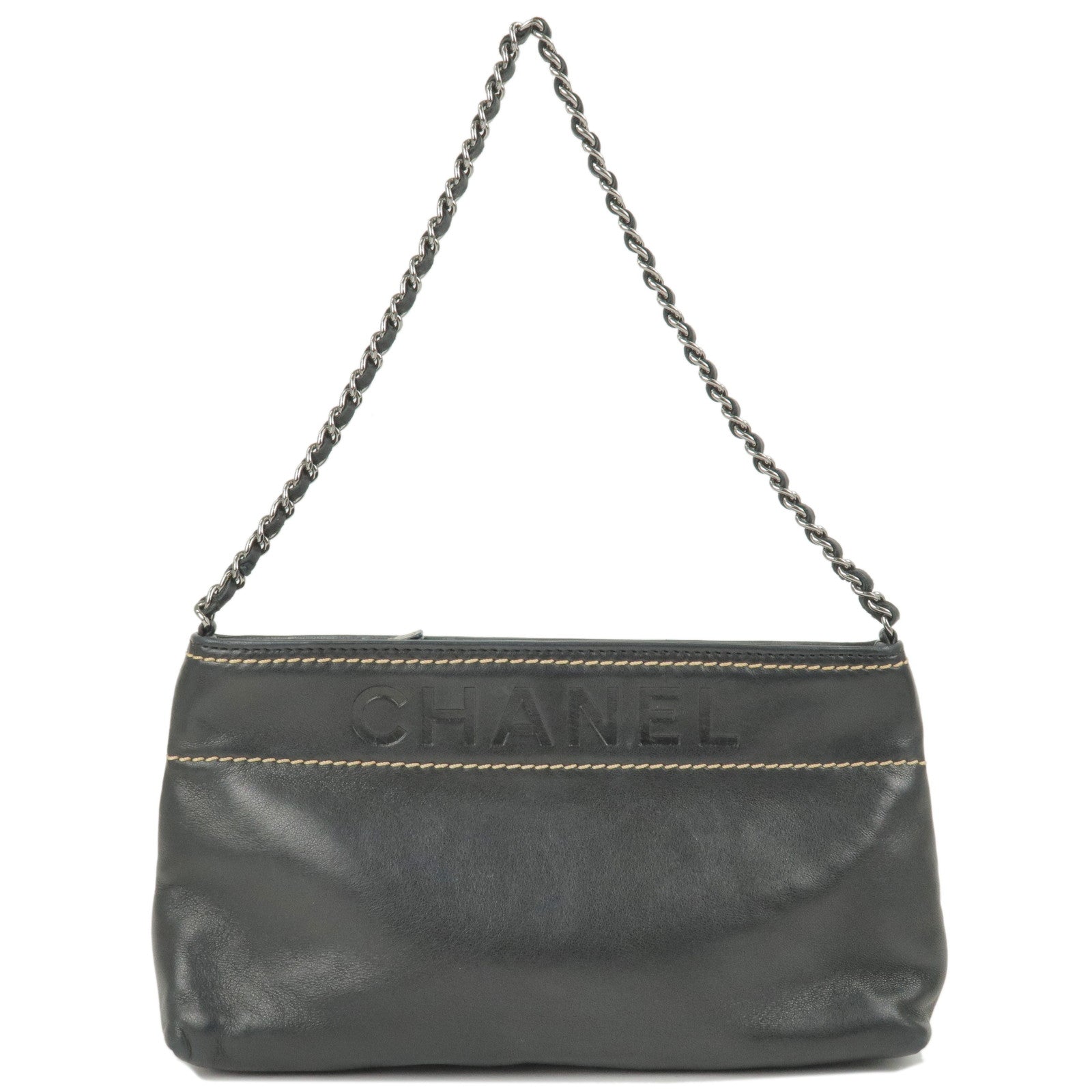 CHANEL-Leather-Chain-Accessory-Pouch-Black-Silver-Hardware