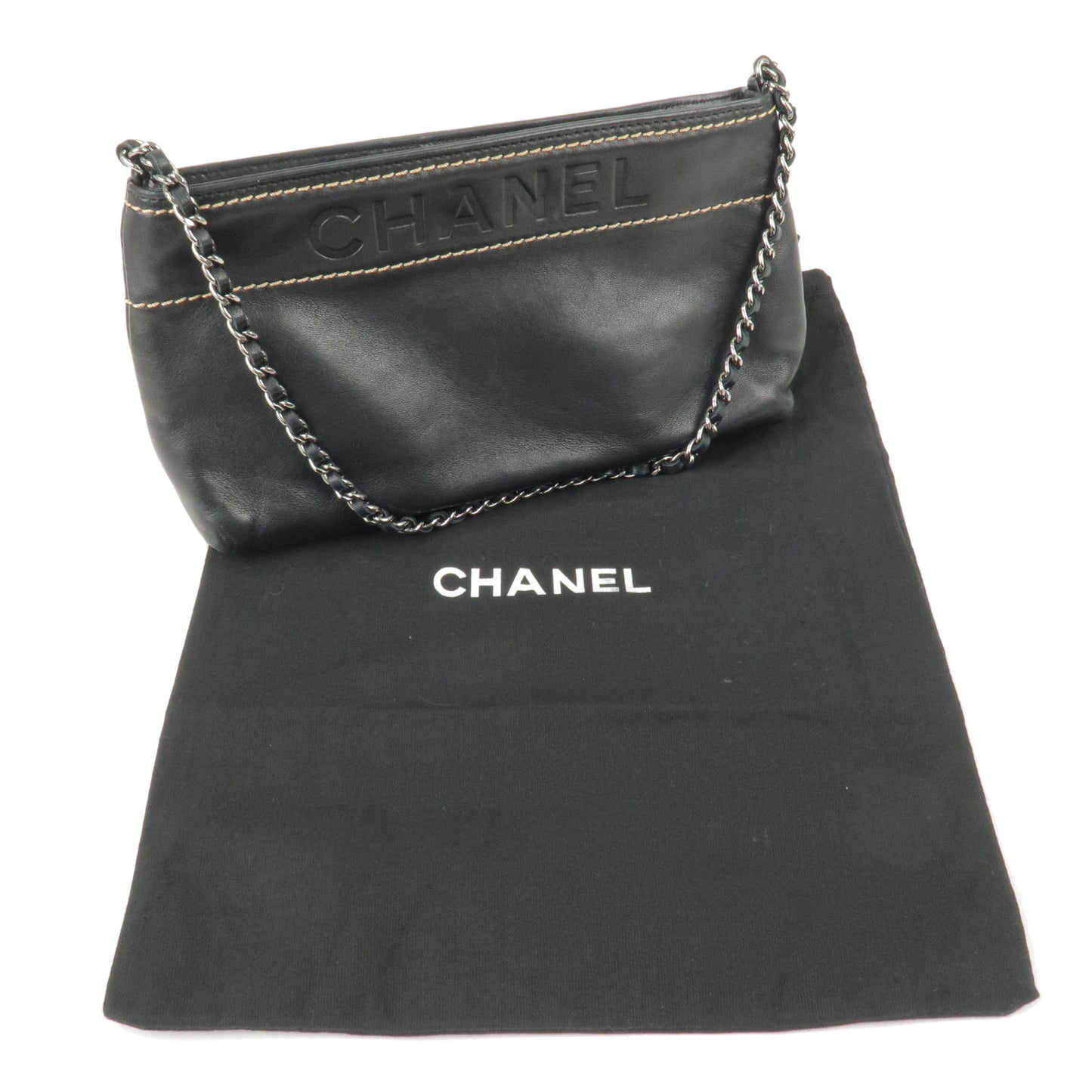 CHANEL Leather Chain Accessory Pouch Black Silver Hardware