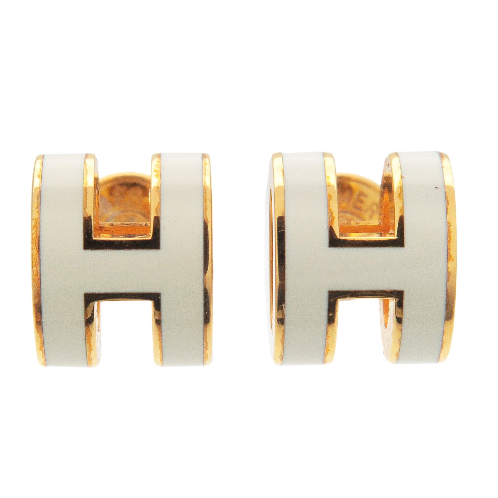 Hermes-Pop-Ash-Mini-H-Logo-Earrings-Gold-White-Metal
