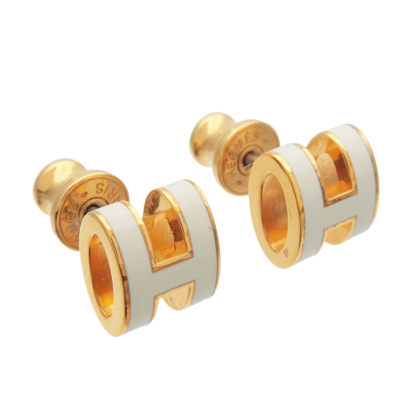 Hermes Pop Ash Mini H Logo Earrings Gold White Metal