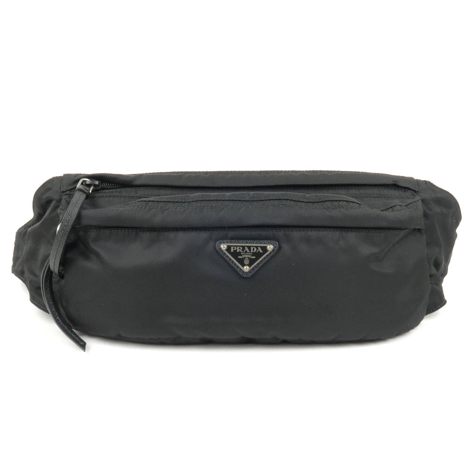 PRADA-Logo-Nylon-Leather-Waist-Pouch-Body-Bag-NERO-Black