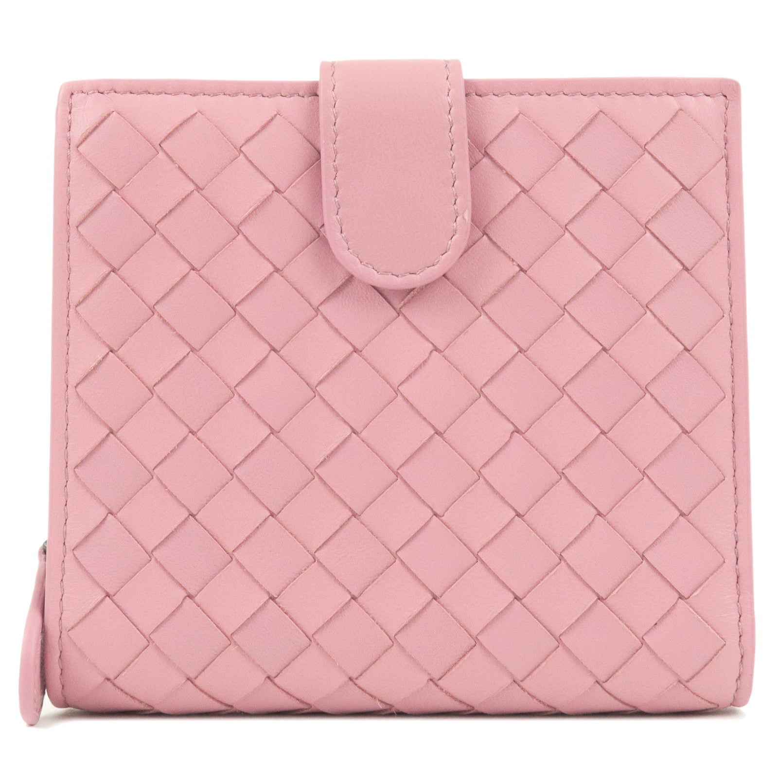 BOTTEGA-VENETA-Intrecciato-Leather-Bi-Fold-Wallet-Pink