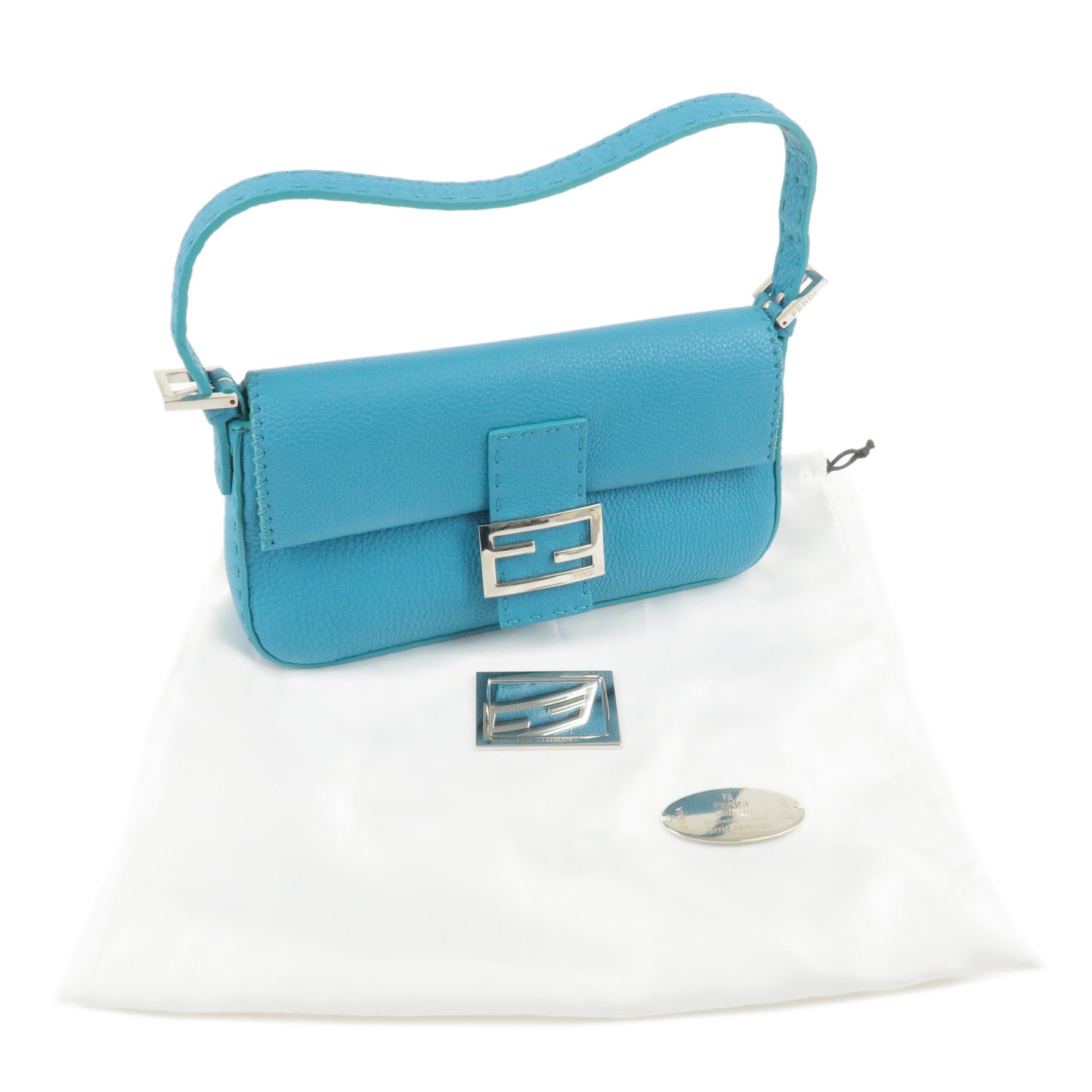 FENDI Selleria Mamma Baguette Leather Shoulder Bag Blue 8BR600