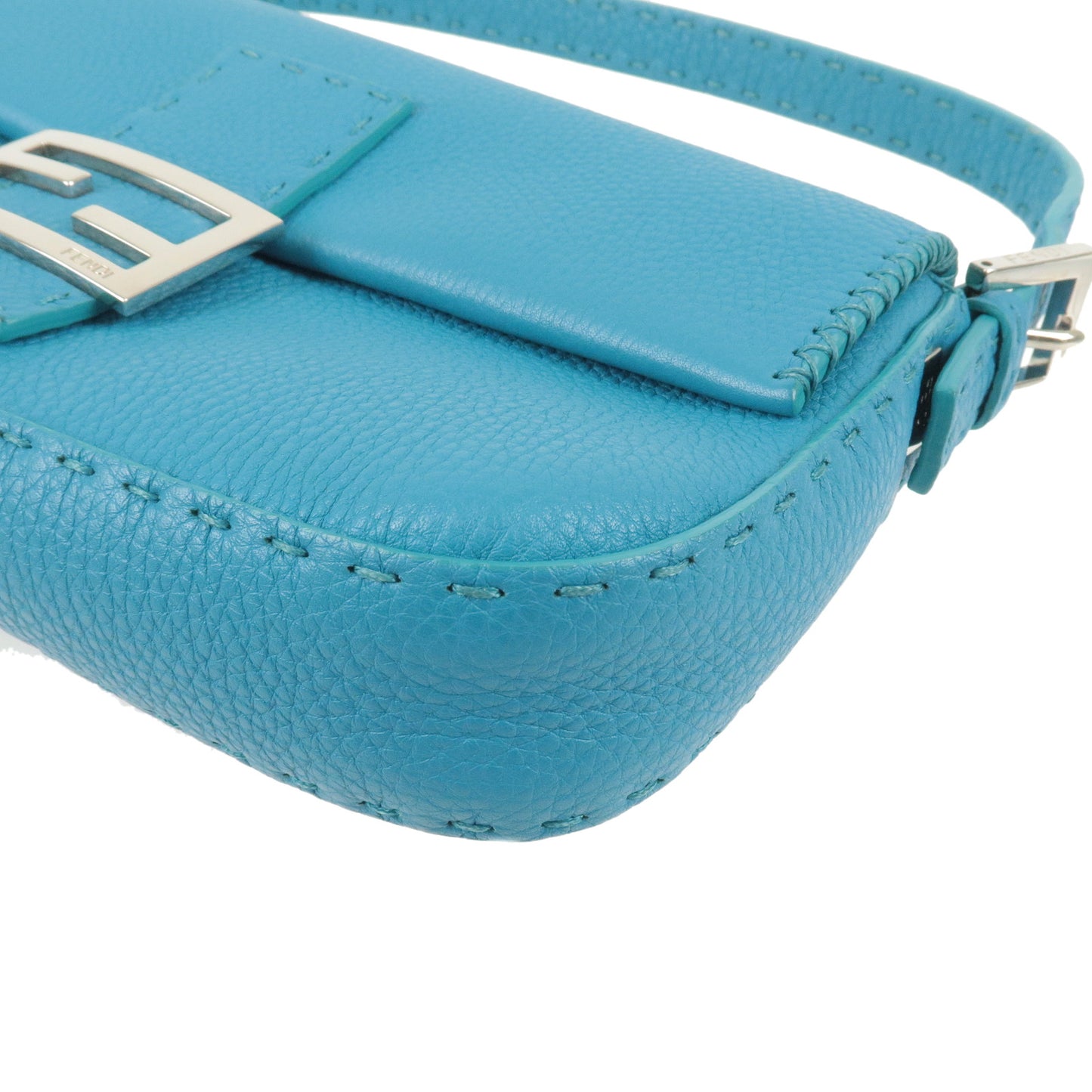 FENDI Selleria Mamma Baguette Leather Shoulder Bag Blue 8BR600