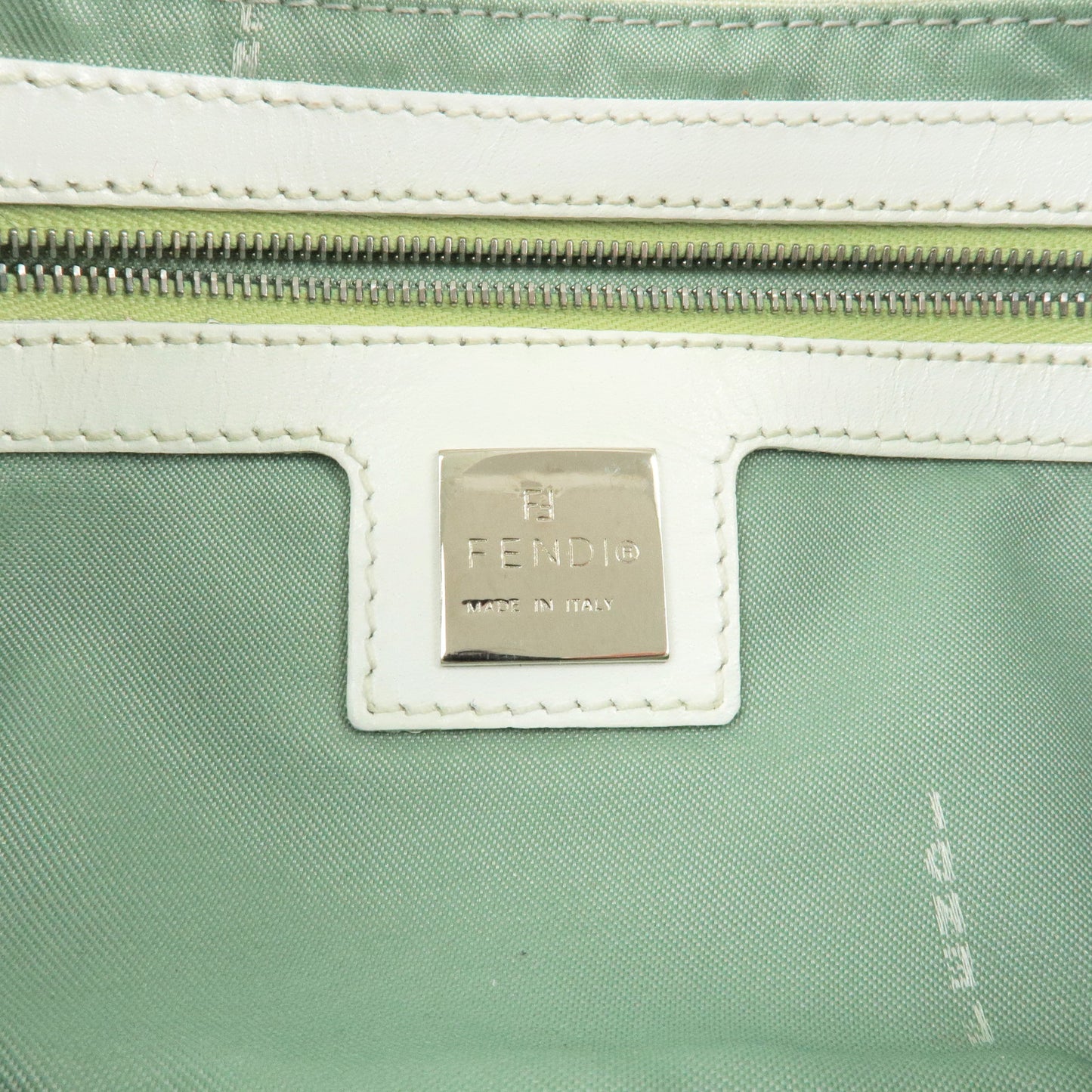 FENDI Zucchino Mamma Baguette Canvas Leather Bag White Green