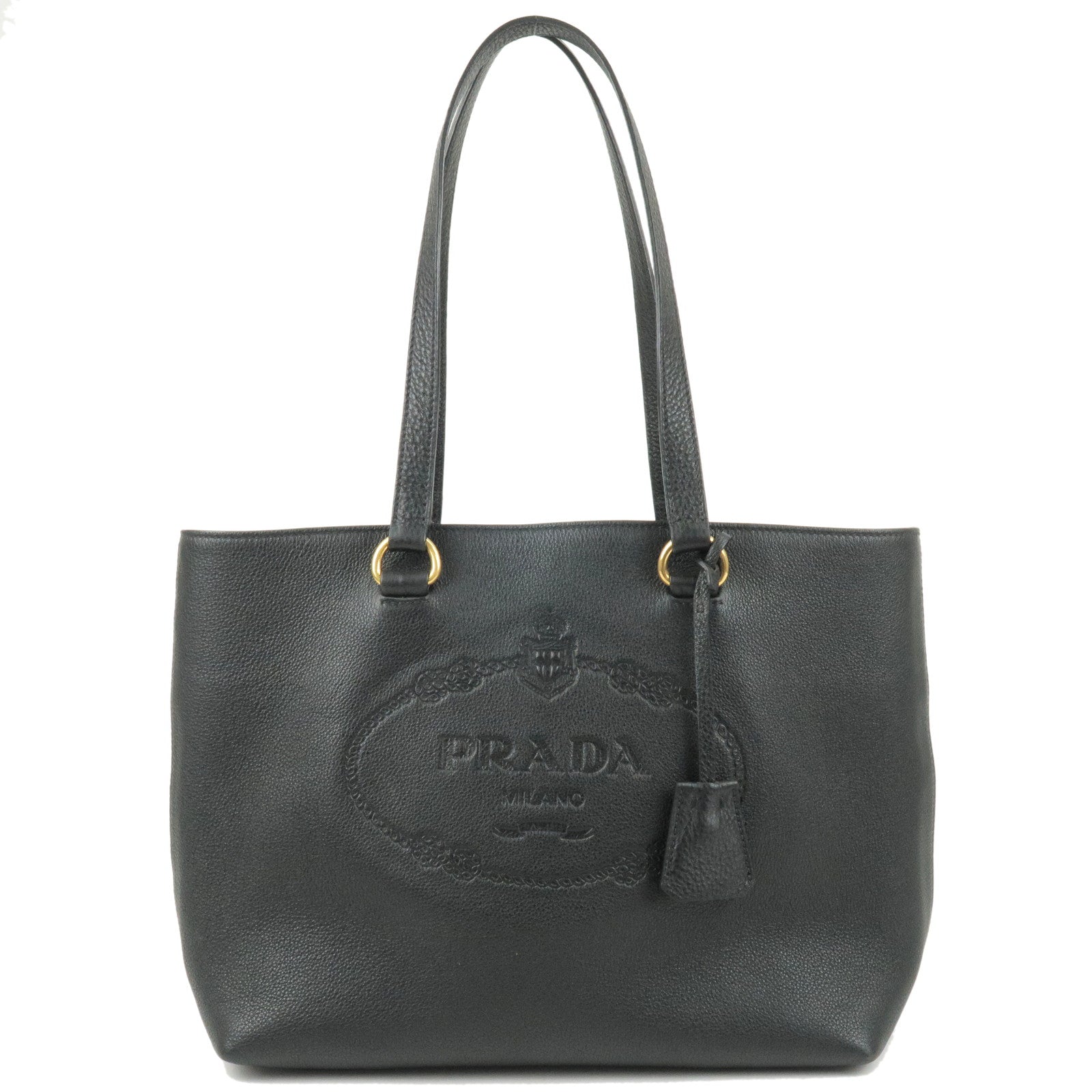 PRADA-Logo-Leather-Tote-Bag-Shoulder-Bag-NERO-Black-1BG100