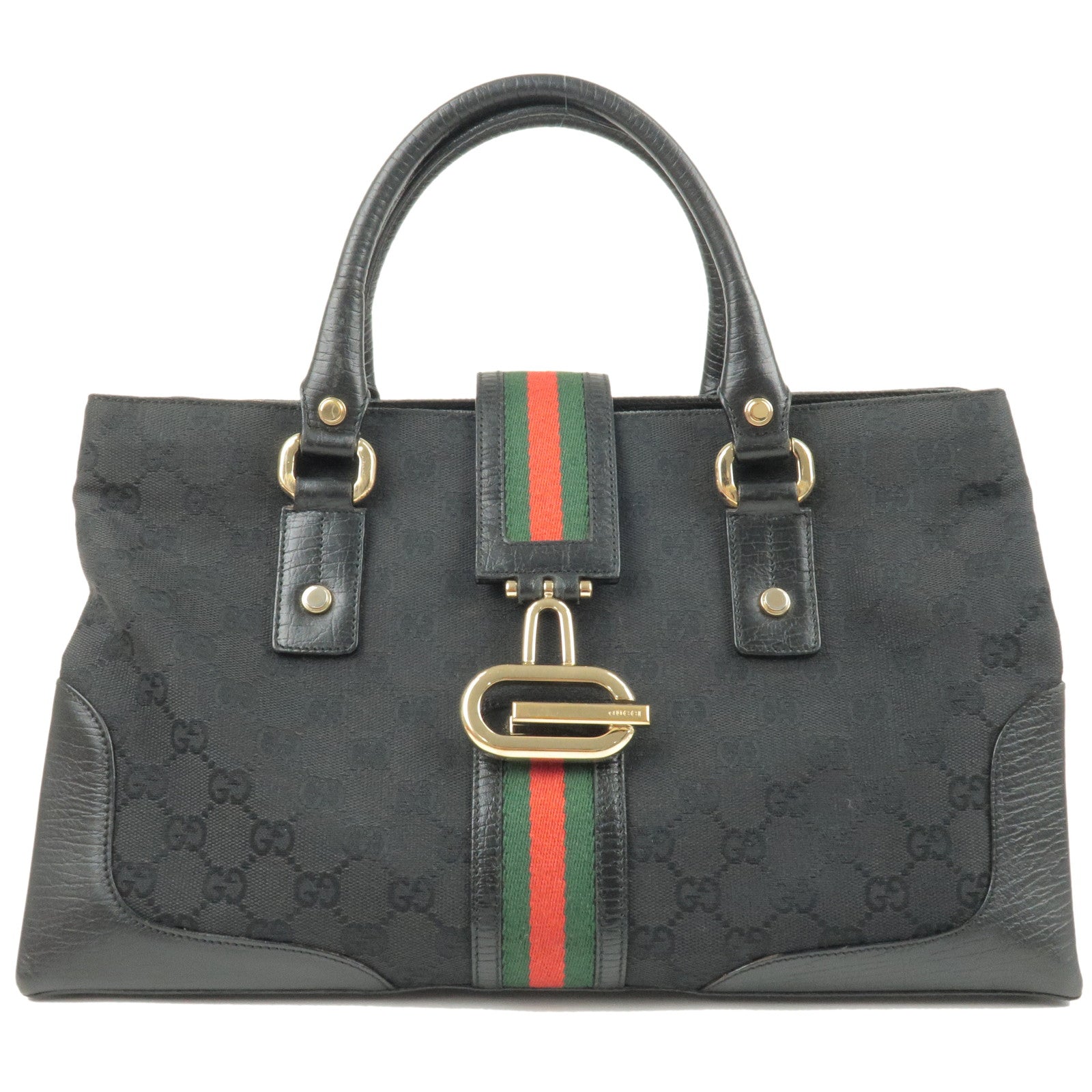 GUCCI-Shelly-Line-GG-Canvas-Leather-Hand-Bag-Black-131325