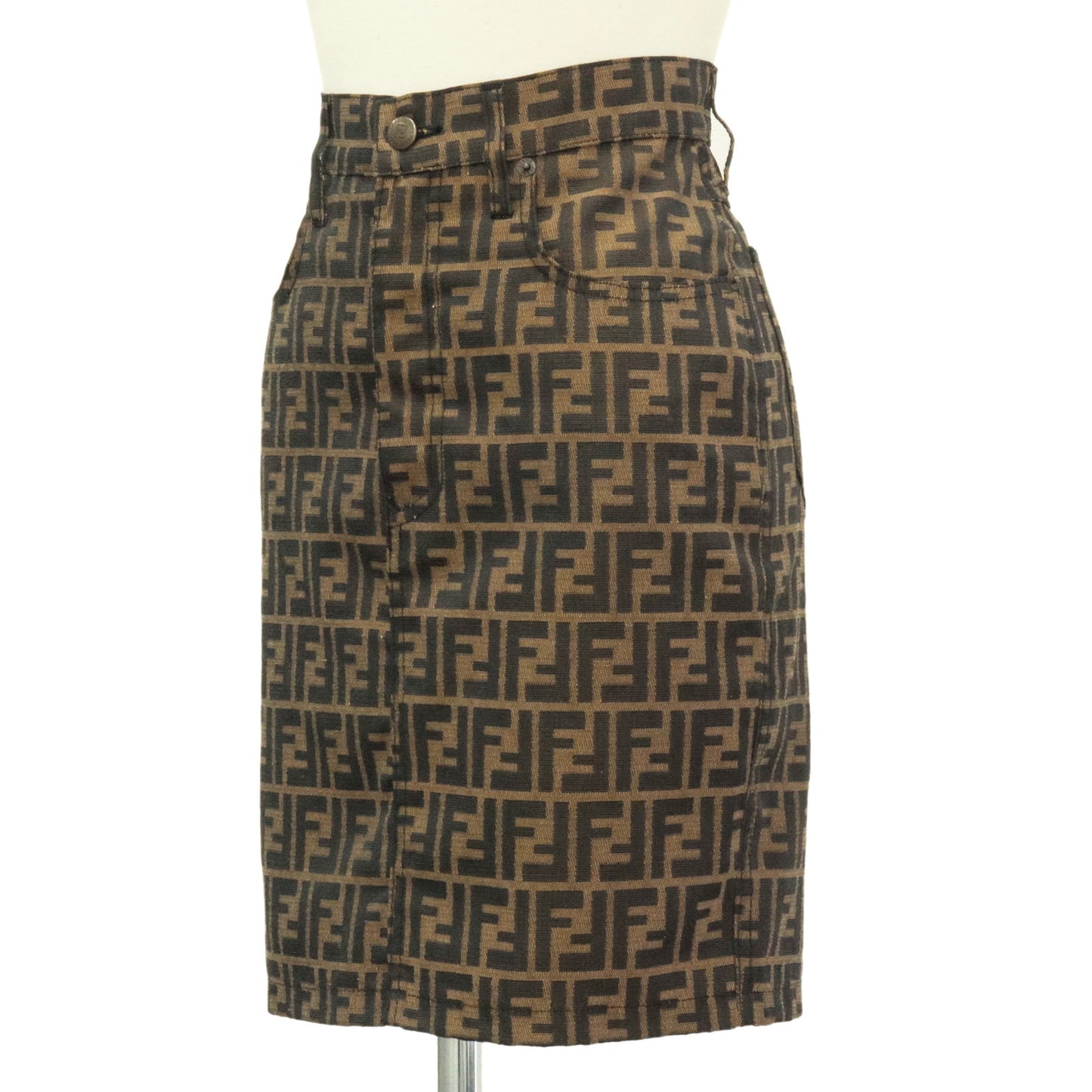 FENDI Zucca Print Polyester Cotton Skirt Size 26 Khaki Black