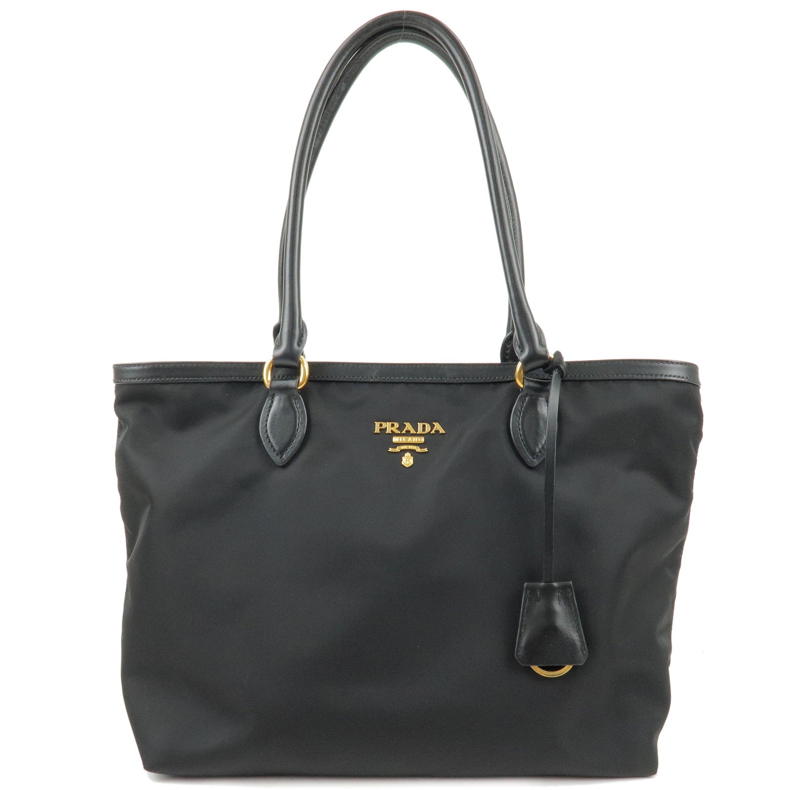 PRADA-Logo-Nylon-Leather-Tote-Bag-Shoulder-Bag-Black-1BG159
