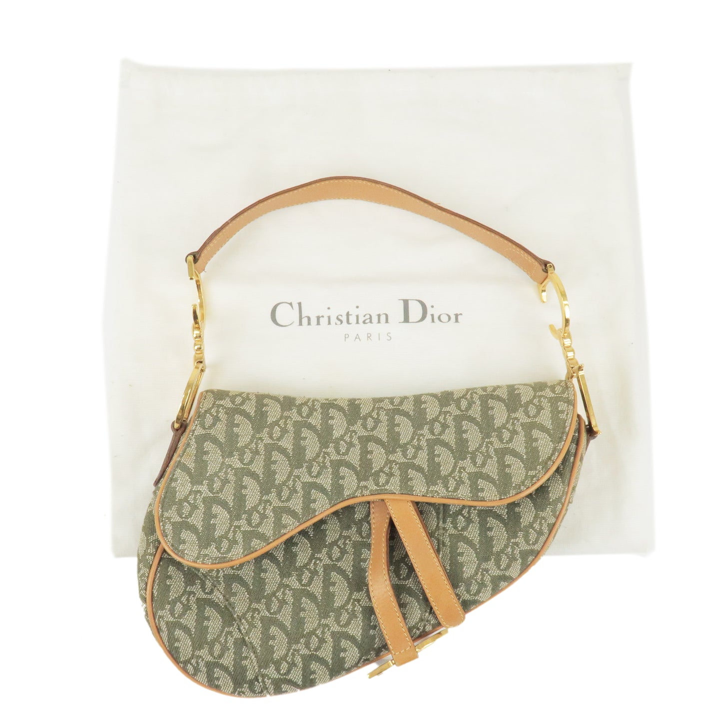 Christian Dior Trotter Canvas Leather Saddle Bag Green Beige