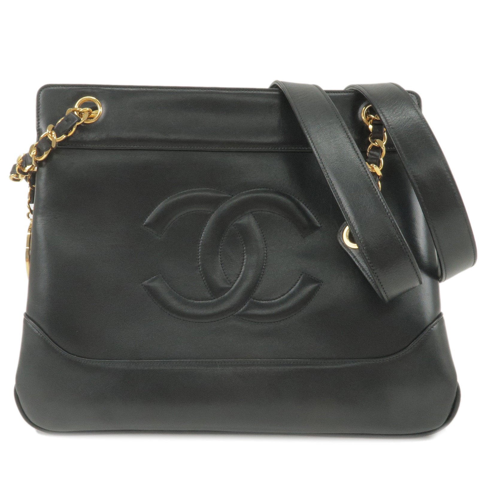 CHANEL Vintage CC Chain Caviar Leather Shopping Tote Bag Black