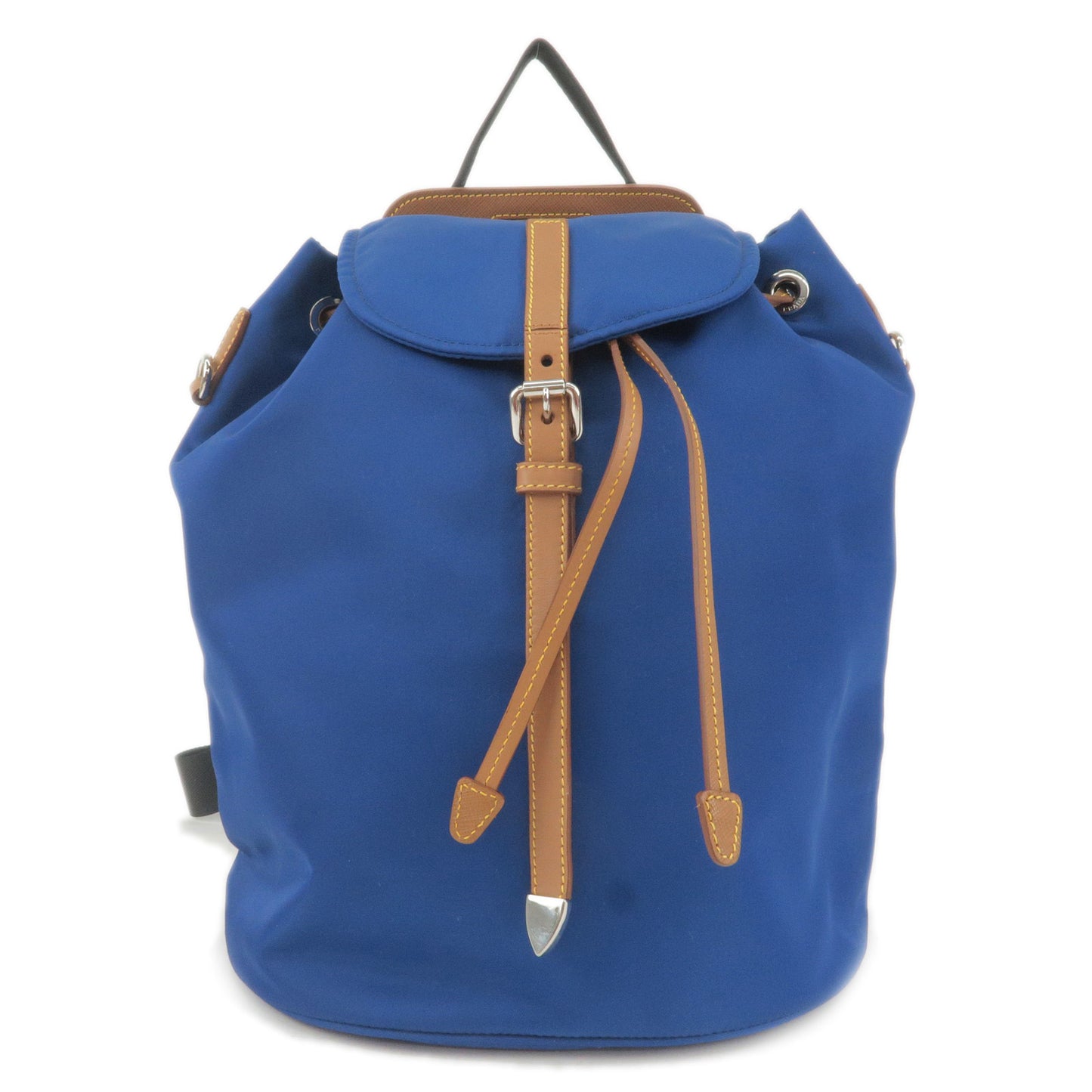 PRADA-Logo-Nylon-Leather-Ruck-Sack-Back-Pack-Bag-Blue-Brown-1BZ064