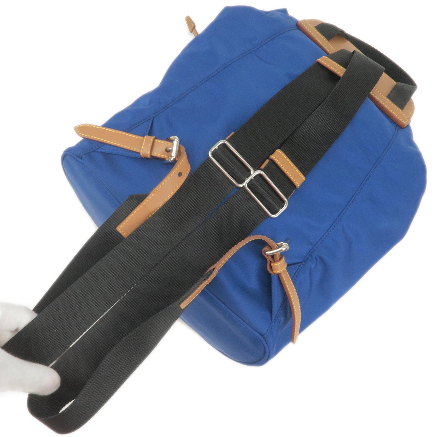 PRADA Logo Nylon Leather Ruck Sack Back Pack Bag Blue Brown 1BZ064