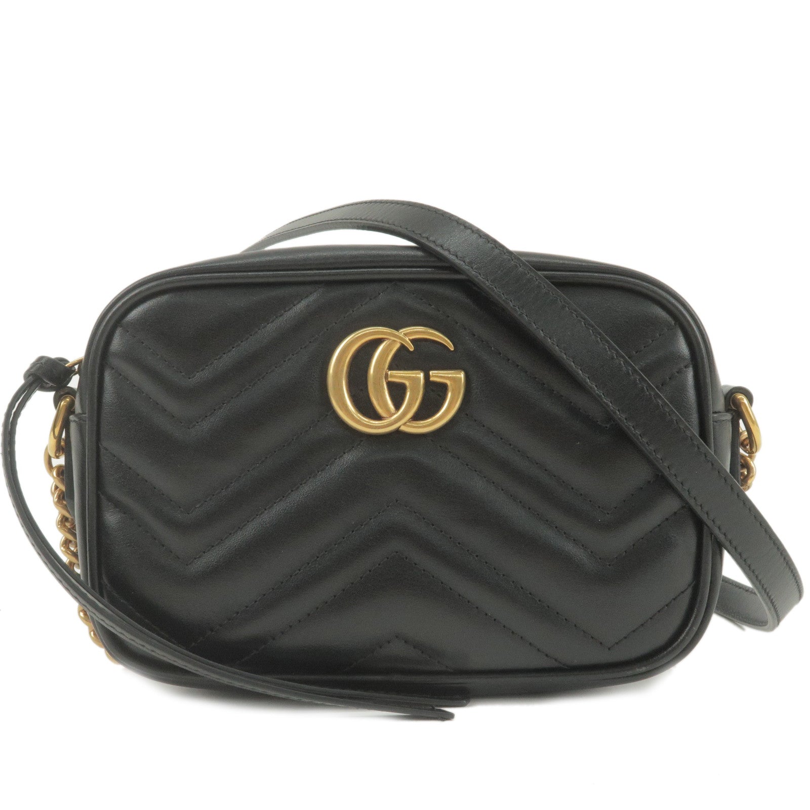 GUCCI-GG-Marmont-Leather-Chain-Shouder-Bag-Black-448065
