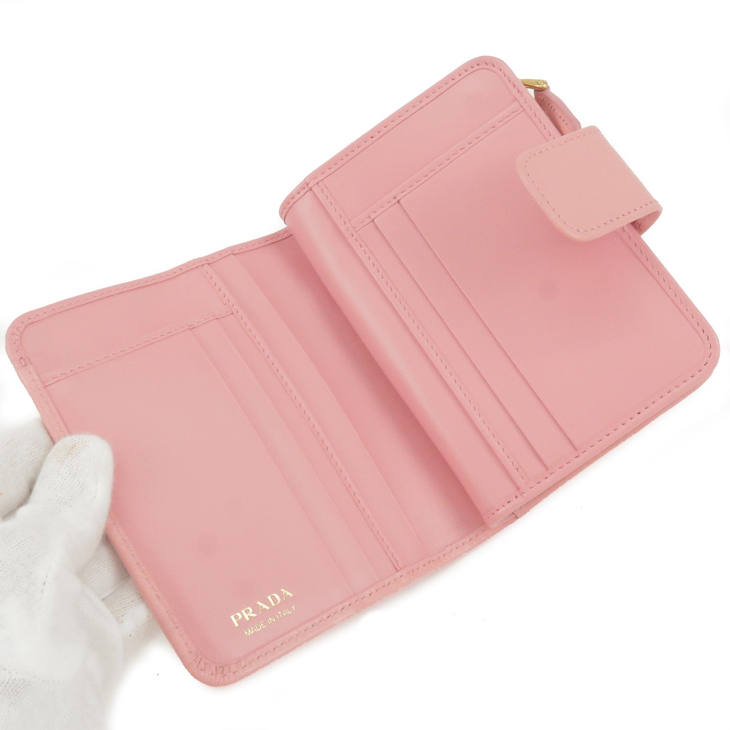 PRADA Logo Leather Bi-Fold Zippy Small Wallet Pink 1ML018