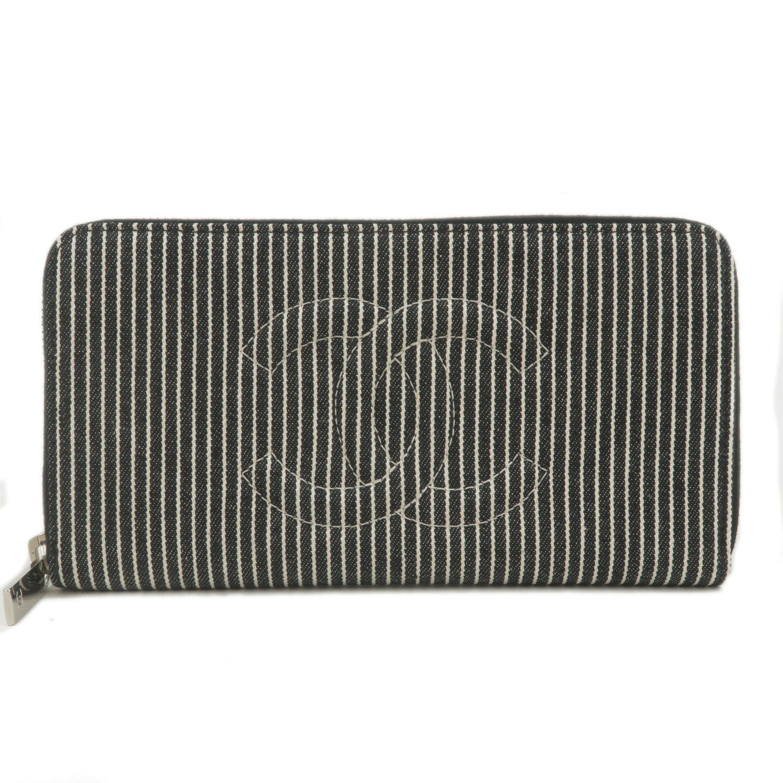 CHANEL-Canvas-Leather-Round-Zippy-Long-Stripe-Wallet-A50071
