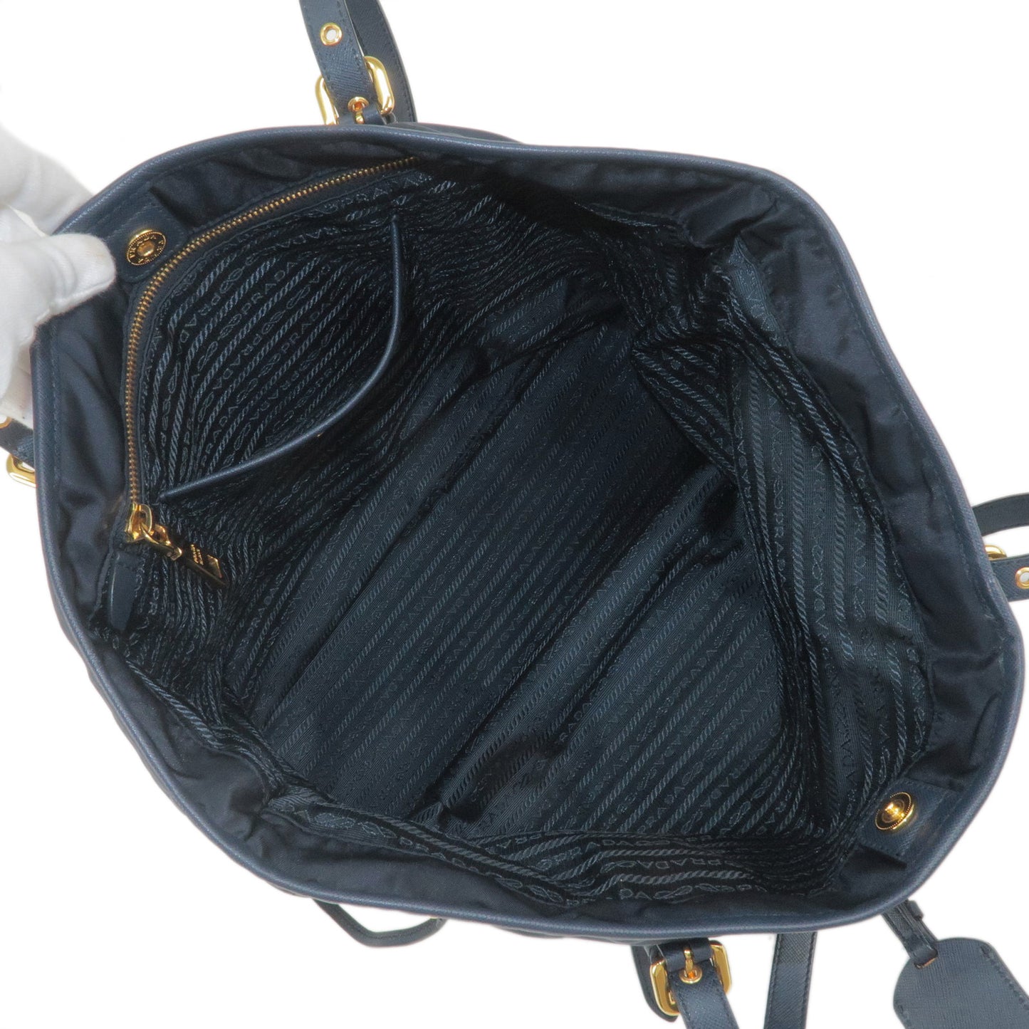 PRADA Logo Nylon Leather Tote Bag Shoulder Bag Navy BR4997