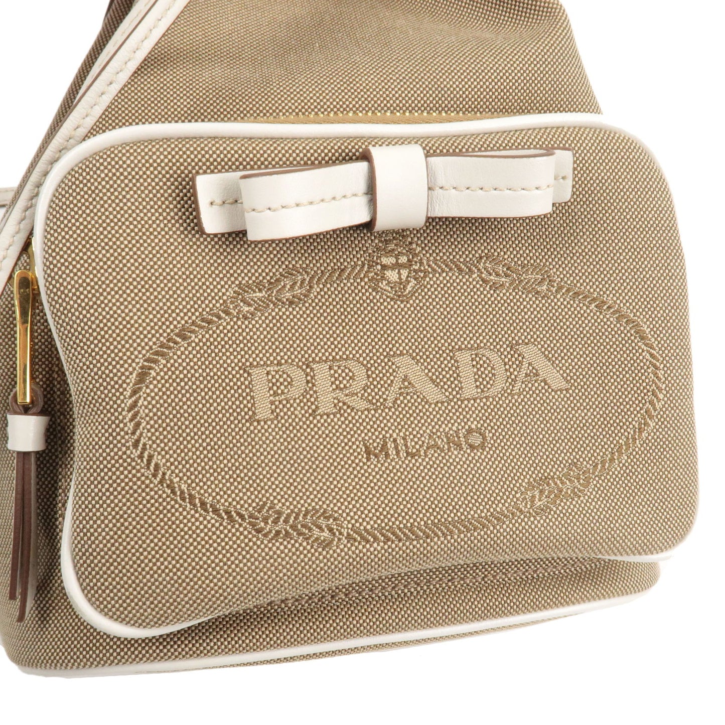 PRADA Logo Jacquard Leather 2Way Bag Hand Bag Beige 1BH038