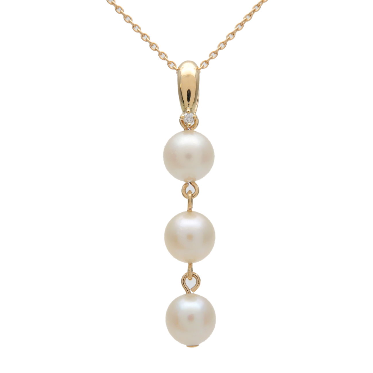 TASAKI-3P-Pearl-Diamond-Necklace-0.01ct-K18YG-750YG-Yellow-Gold