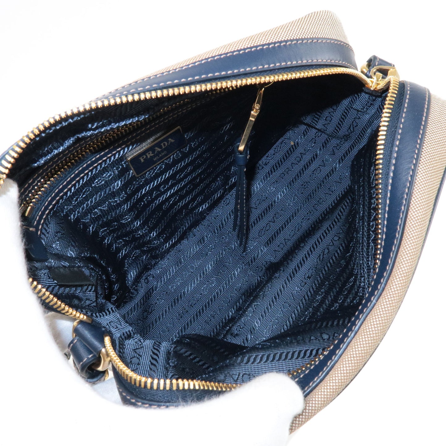 PRADA Logo Jacquard Leather Shoulder Bag Beige Navy 1BH089