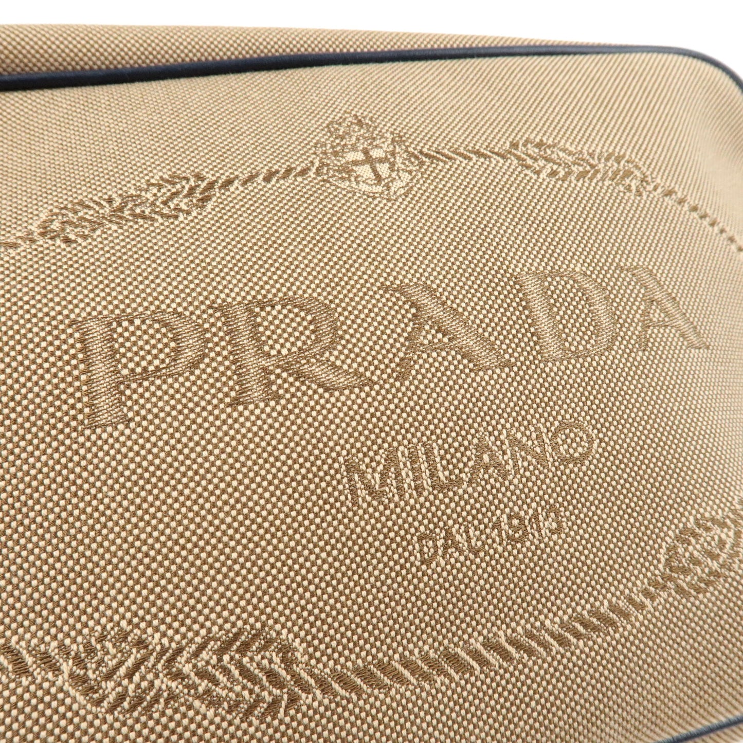 PRADA Logo Jacquard Leather Shoulder Bag Beige Navy 1BH089