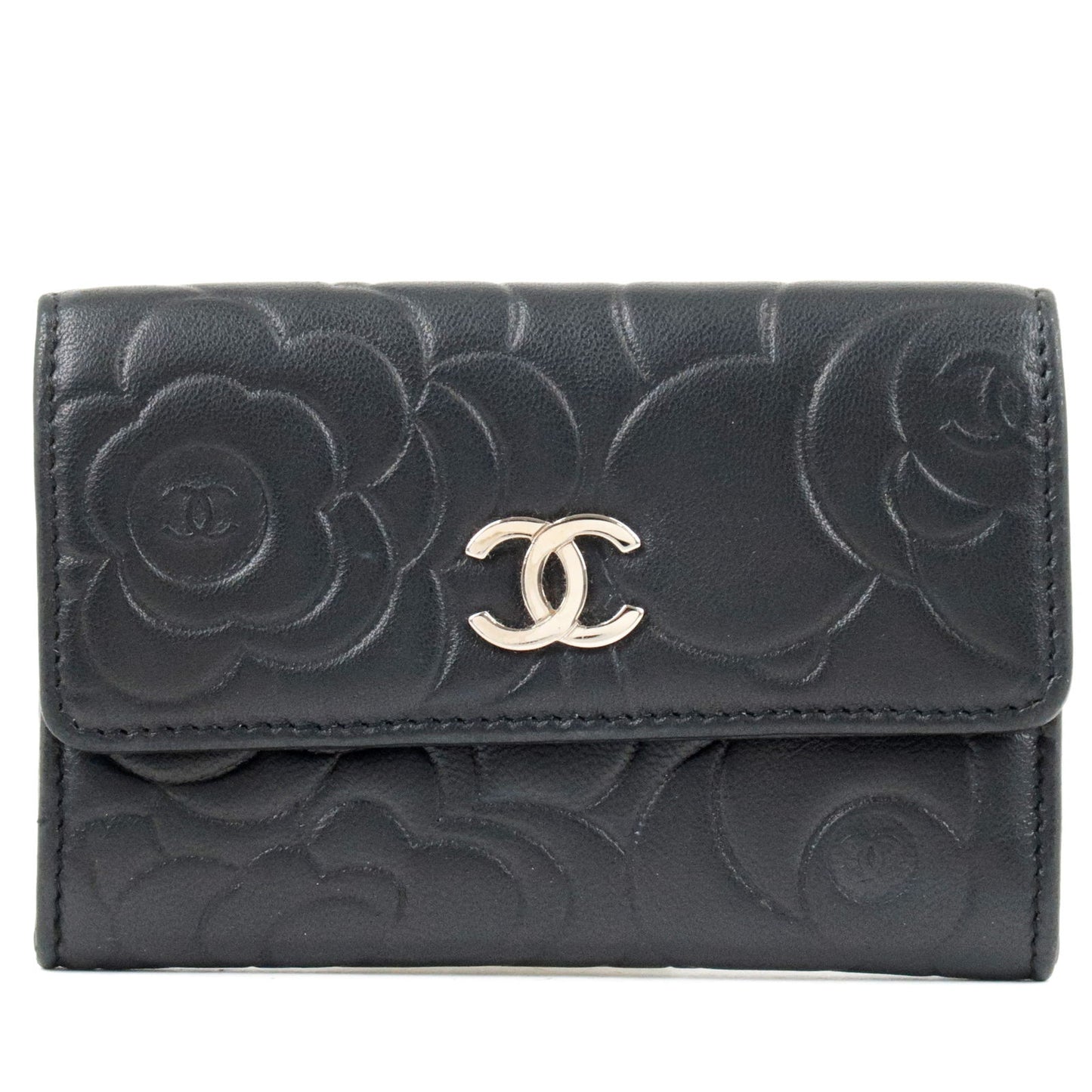 CHANEL-Camellia-Lamb-Skin-Leather-Card-Case-Black-A50088