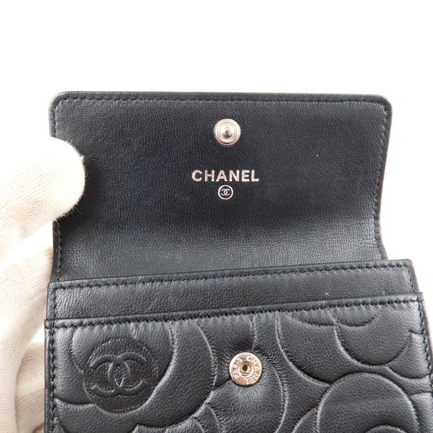 CHANEL Camellia Lamb Skin Leather Card Case Black A50088