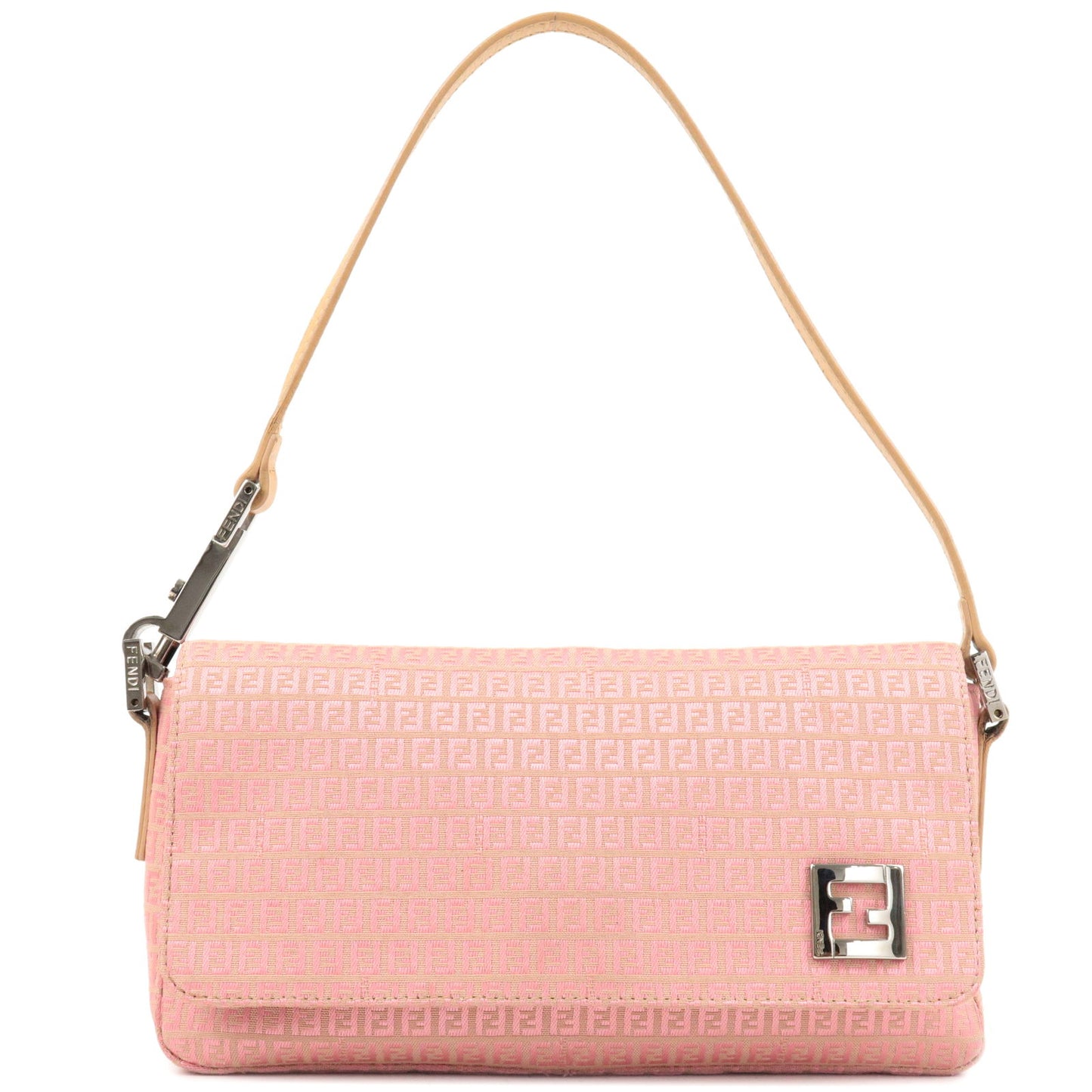 FENDI-Mini-Zucchino-Canvas-Leather-Shoulder-Bag-Pink-Beige