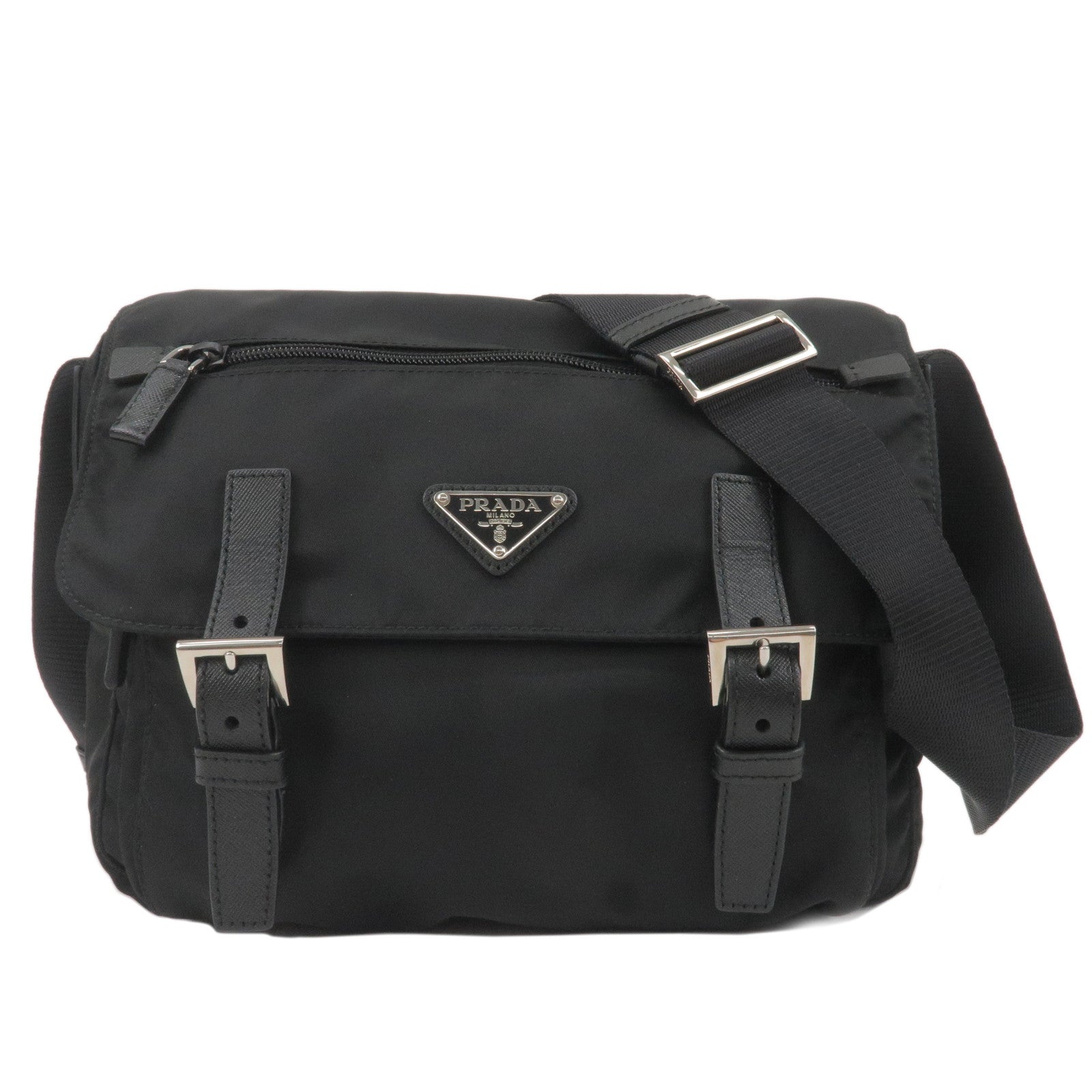 PRADA-Logo-Nylon-Leather-Crossbody-Shoulder-Bag-NERO-Black