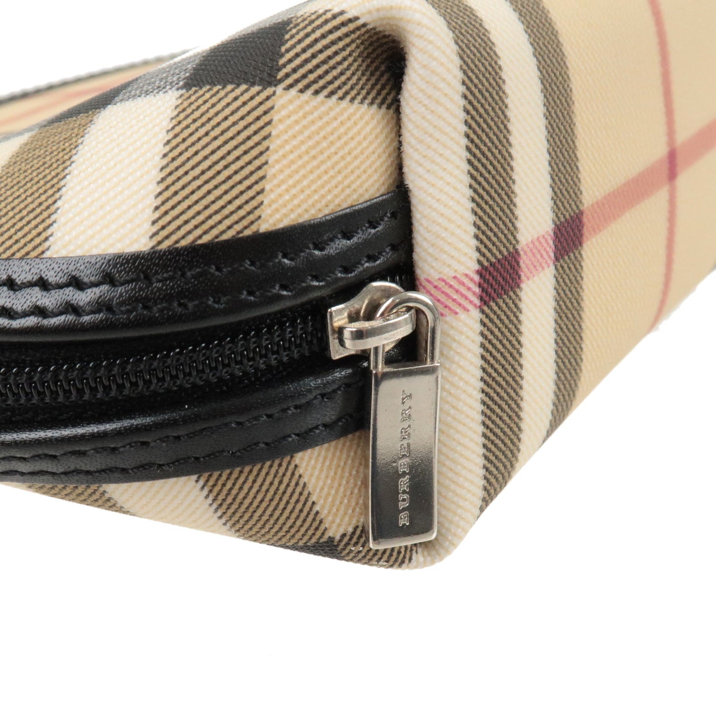 BURBERRY Canvas Leather Nova Plaid Cosmetic Pouch Beige Brown