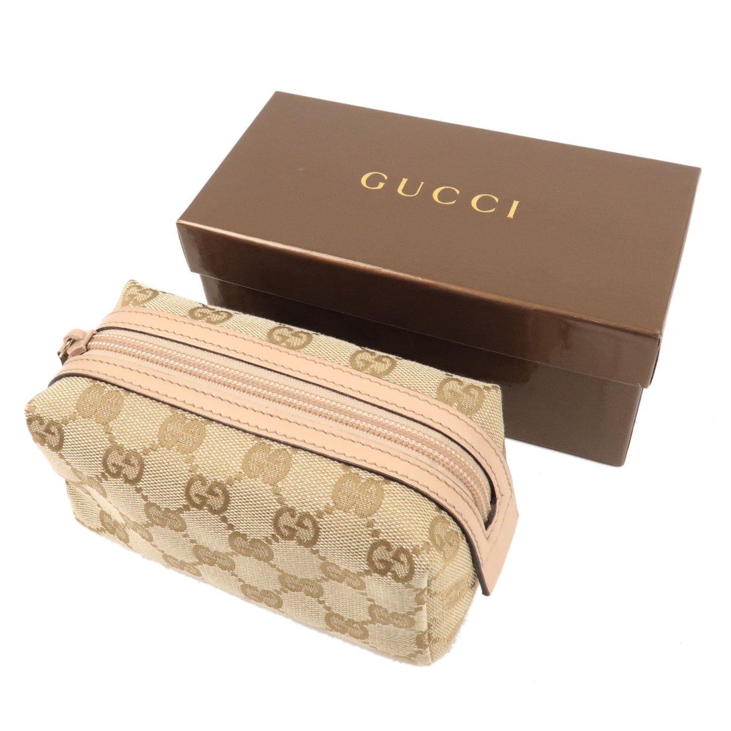 GUCCI GG Canvas Leather Cosmetic Pouch Pink Beige 29596